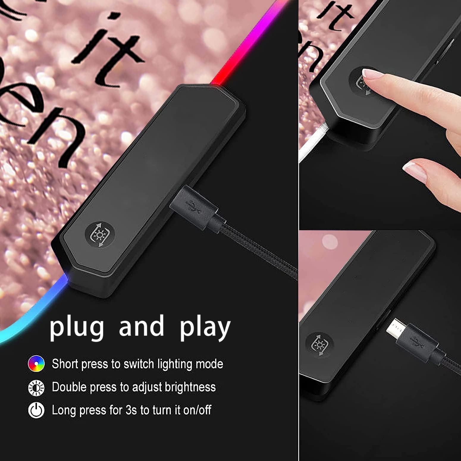 RGB Gaming Mouse Pad - Large LED Light-Up Desk Mat with Non-Slip Base, Pink Motivational Design - Perfect for PC Gaming, Office Work & Streaming Setup (Stay Positive Work Hard Theme)