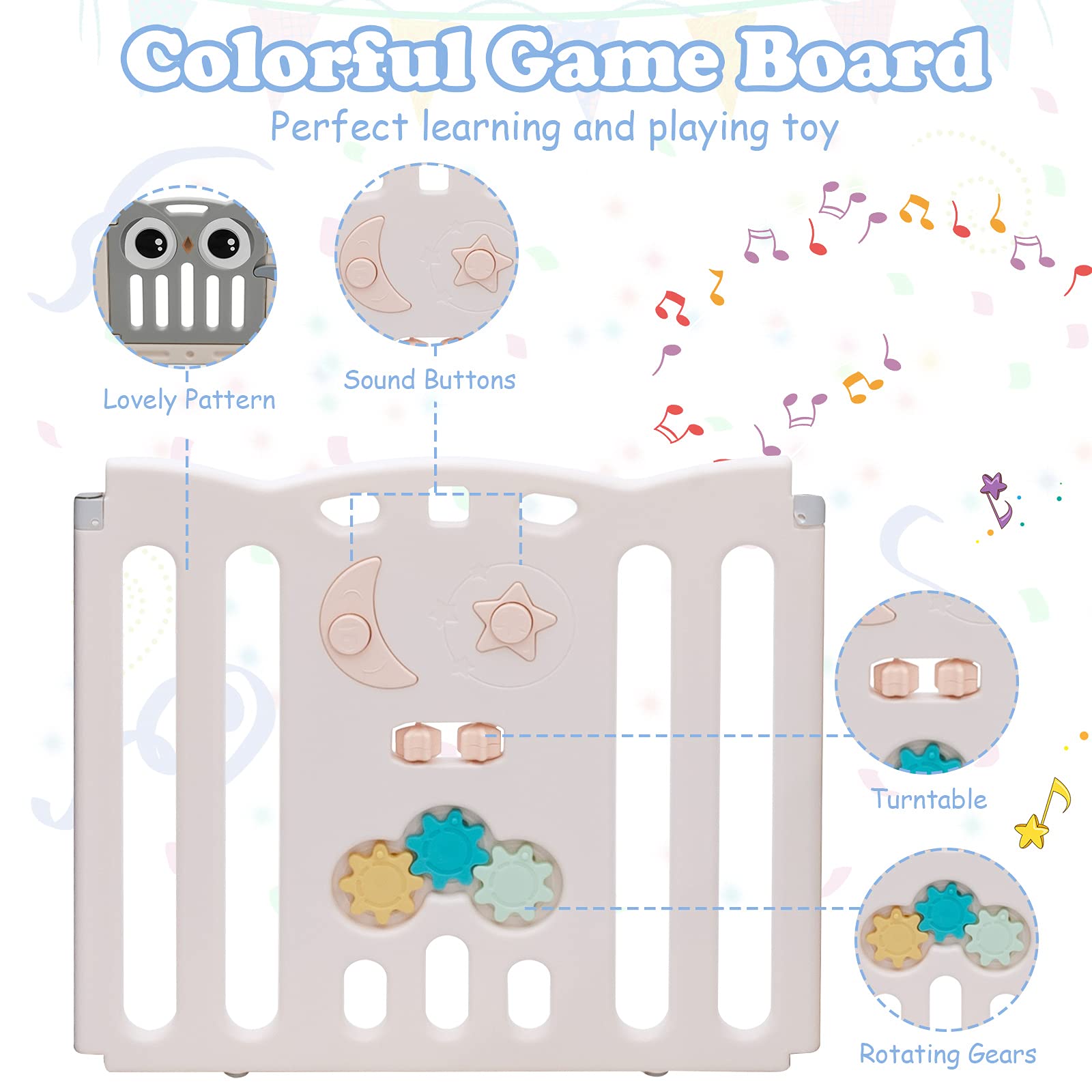 HONEY JOY 16-Panel Baby Playpen with Anti-Slip Base & Lockable Door - Owl Design Play Yard for Toddlers, Indoor Portable Safety Fence for Boys & Girls (Beige) - Perfect for Playrooms, Living Rooms & Daycare Centers