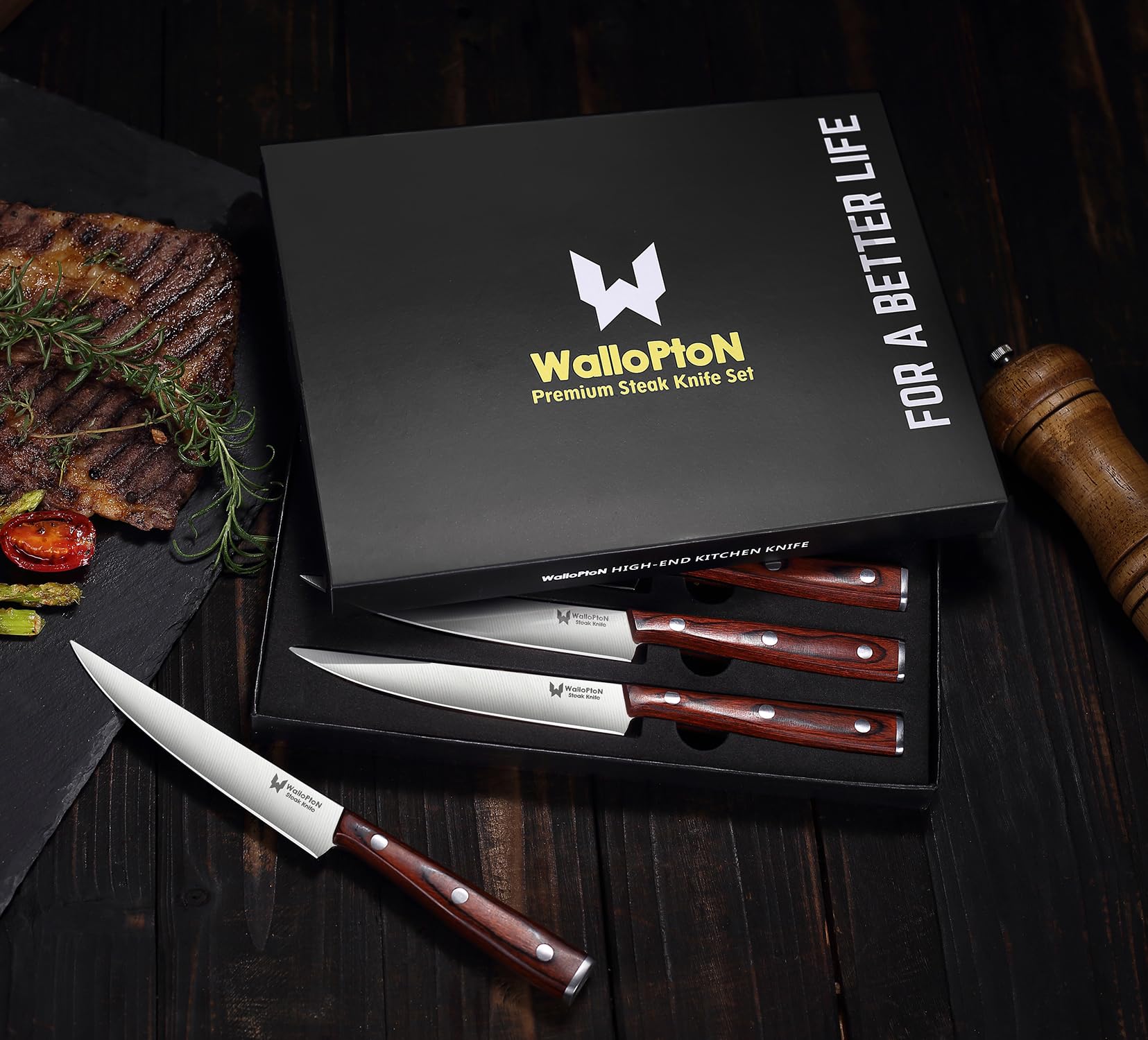 Premium 6-Piece Steak Knife Set - Ultra Sharp High Carbon Stainless Steel Blades with Full Tang Wood Handles - 5