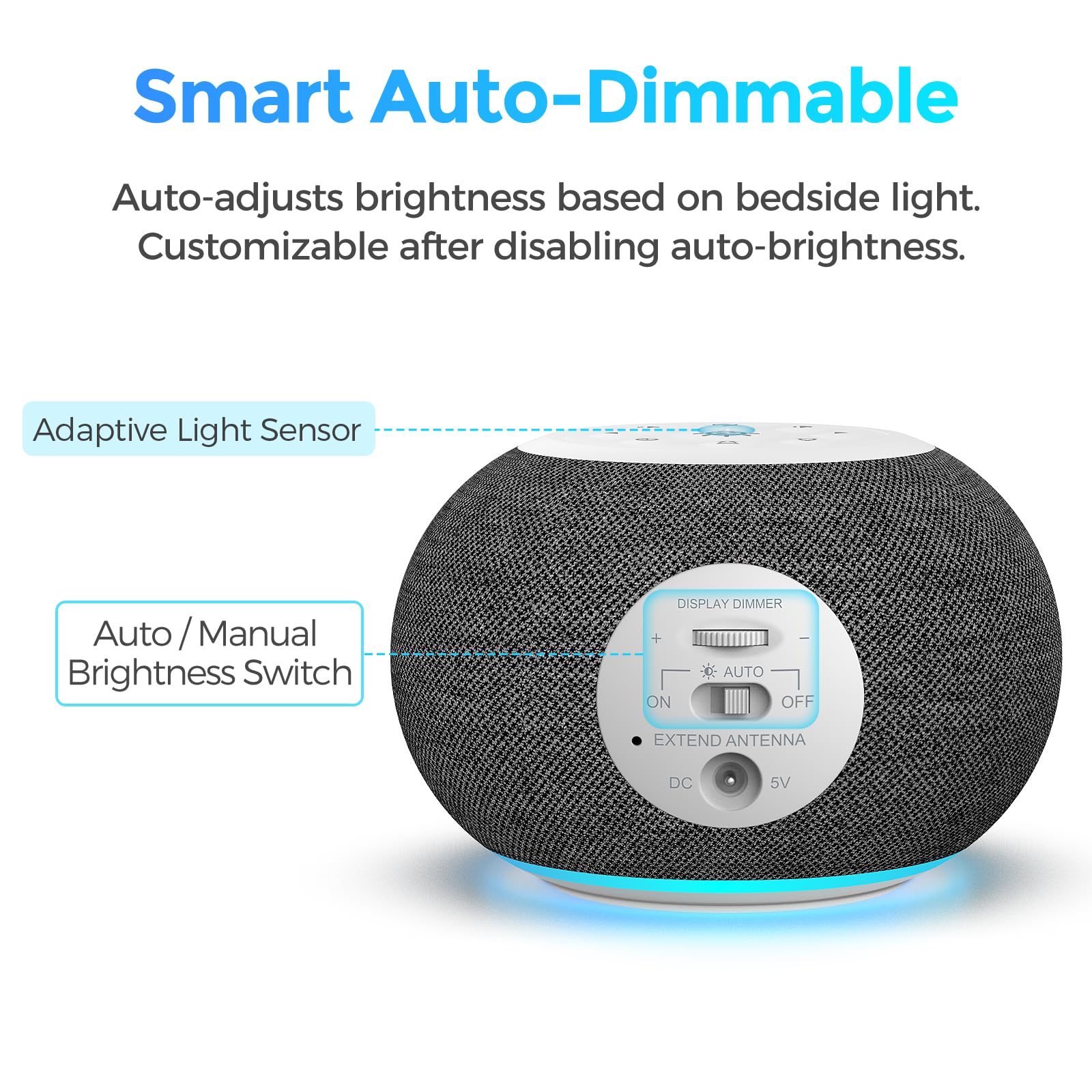 REACHER Auto Dimmable Alarm Clock Radio with FM Radio & 9-Color Night Light - Digital Bedside Clock with 0-100% Dimmer, 7 Wake Up Sounds & Sleep Timer - Perfect for Bedrooms, Home Office & Travel Use