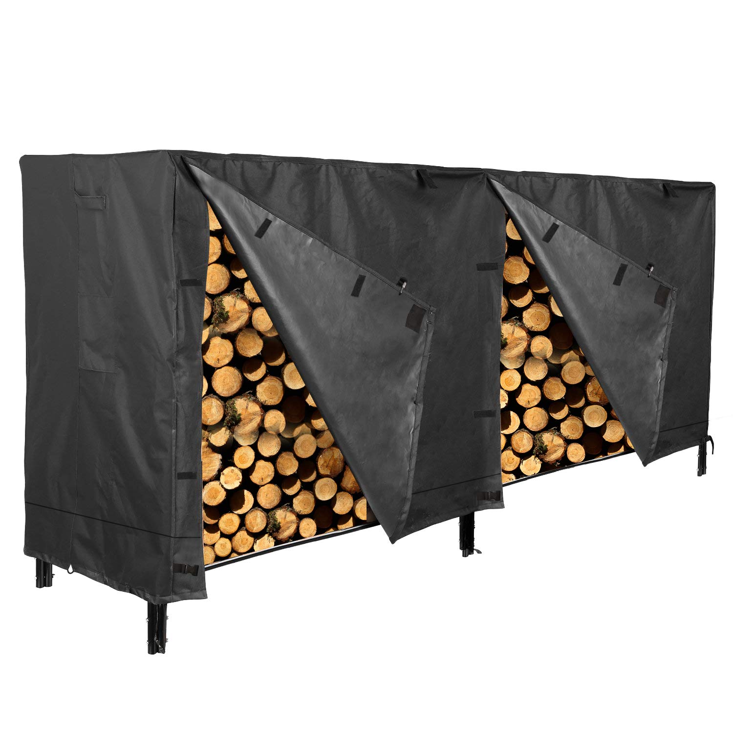 Heavy Duty 8 ft Waterproof Outdoor Firewood Rack Cover with Velcro Straps - Black - Perfect for Wood Storage, Firewood Protection & Backyard Organization