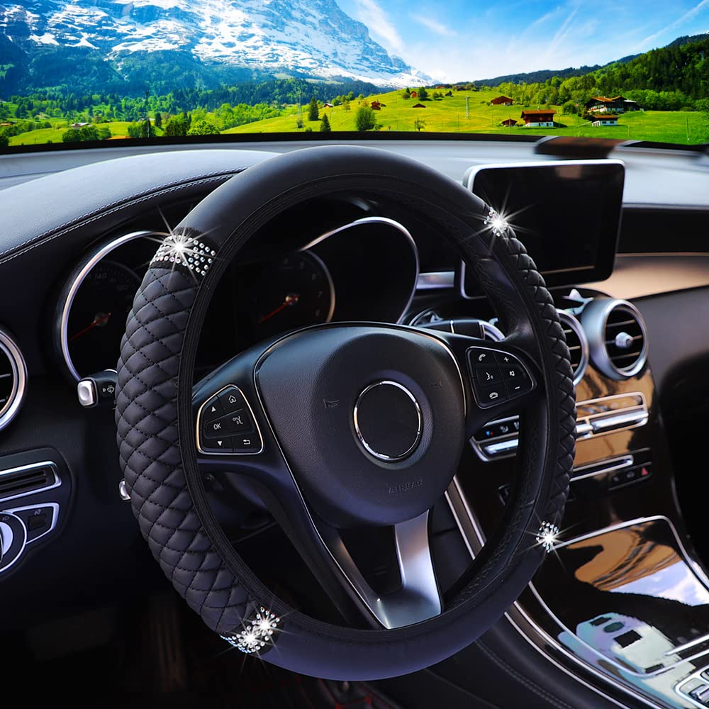YOGURTCK 15 Inch Soft Leather Steering Wheel Cover with Bling Crystal Rhinestones - Universal Fit for Cars, Sedans, SUVs, Vans & Trucks - Stylish Black Diamond Design for Women & Girls - Perfect for Daily Commute, Road Trips & Gift Giving