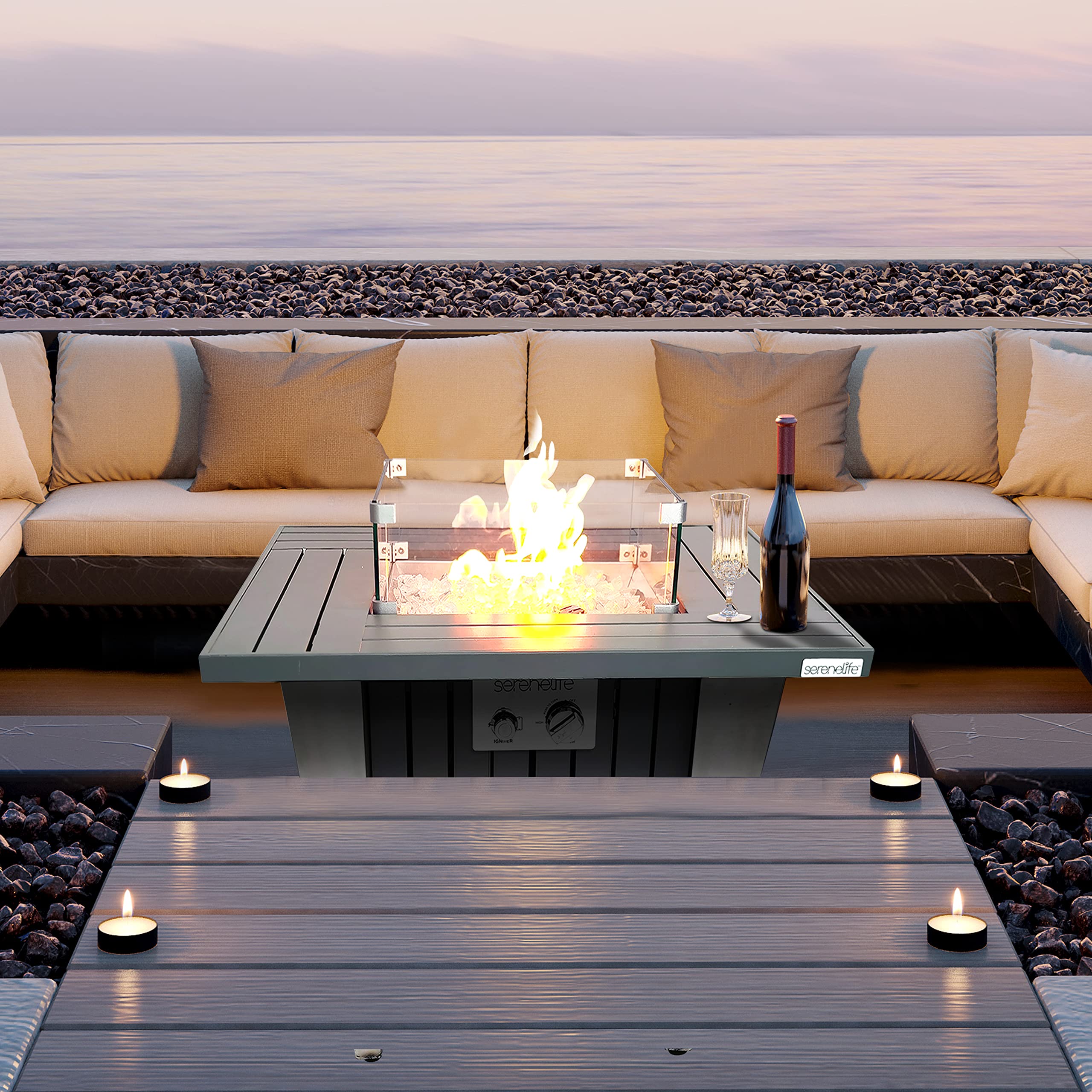 SereneLife Outdoor Propane Fire Pit Table - CSA/ETL Certified 50,000 BTU Square Gas Fire Table with Adjustable Flame, Pulse Ignition & Weatherproof Design - Includes Glass Wind Guard & Fire Glass Rocks - Perfect for Patio, Backyard, Deck & Outdoor Gatherings - SLFPX69