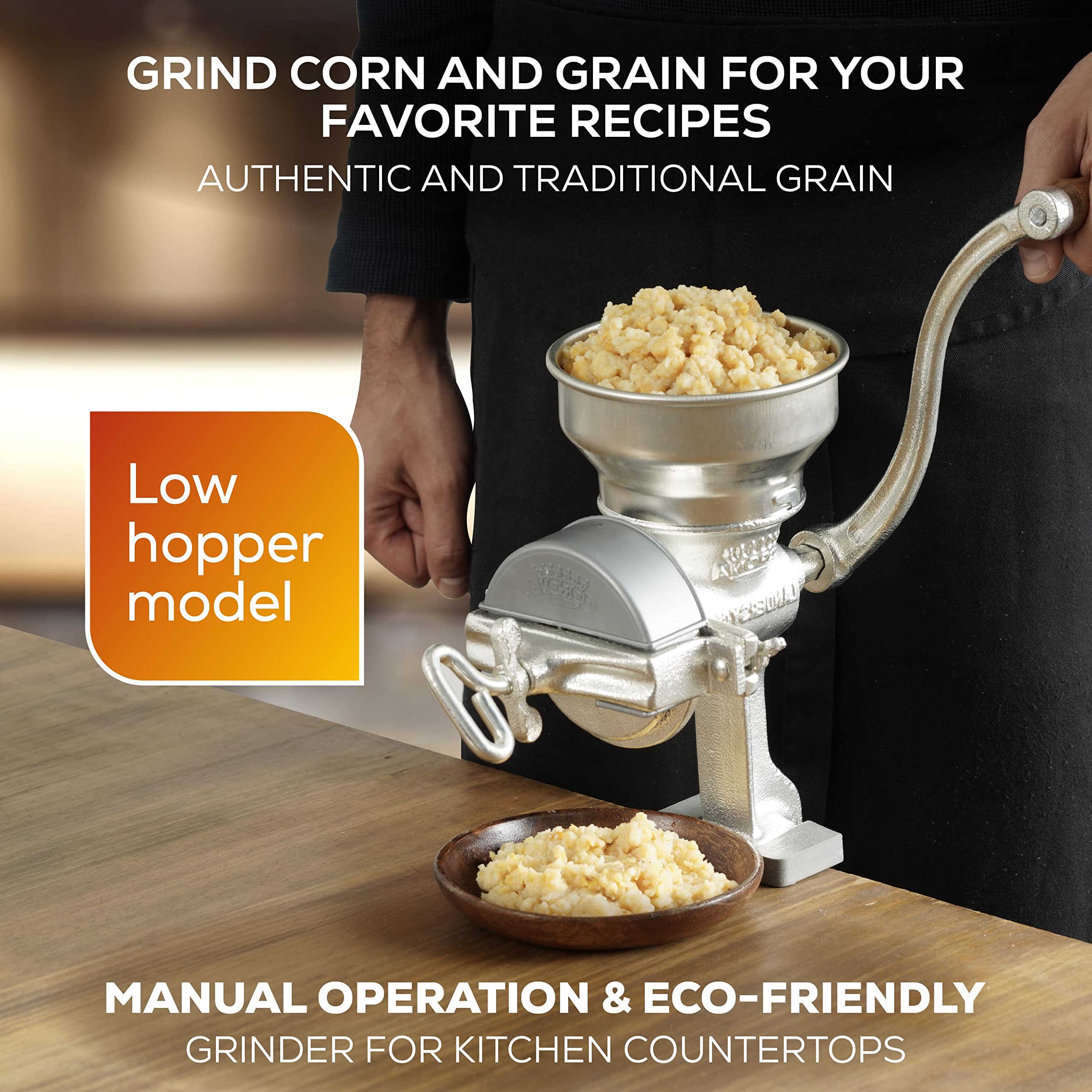 Premium Cast Iron Manual Corn Grinder - Low Hopper Grain Mill for Corn, Rice, Soybeans, Pepper & Chickpeas | Hand Crank Wheat Grinder for Home Use | Perfect for Baking, Camping & Emergency Food Prep