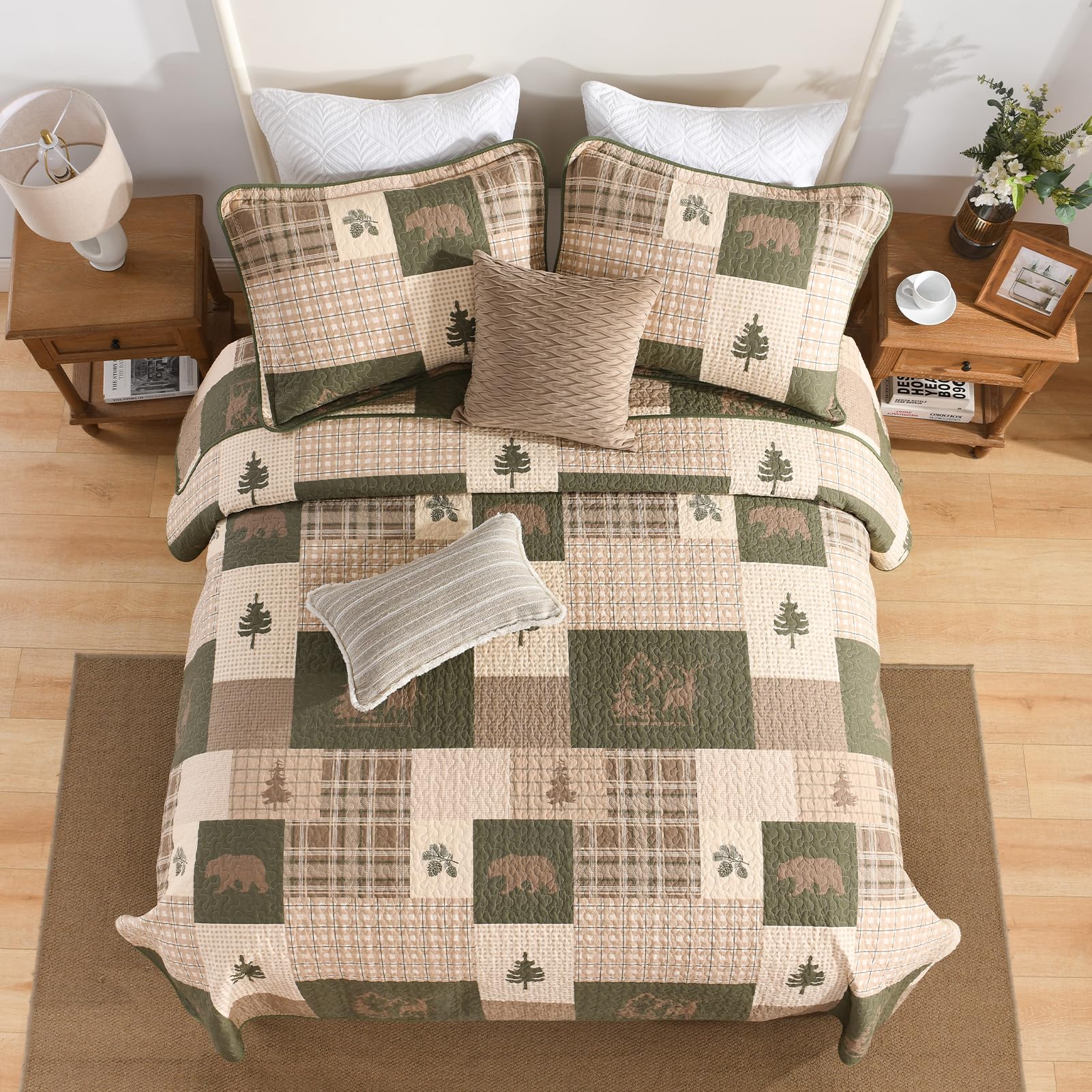 SahSahCasa 100% Cotton Queen Size Quilt Set - Reversible Farmhouse Rustic Lodge Bedspread, Lightweight Comforter for Queen Bed (3-Piece, Beige/Grayish Green/Brown) - Perfect for Cabin, Bedroom & Cozy Farmhouse Decor