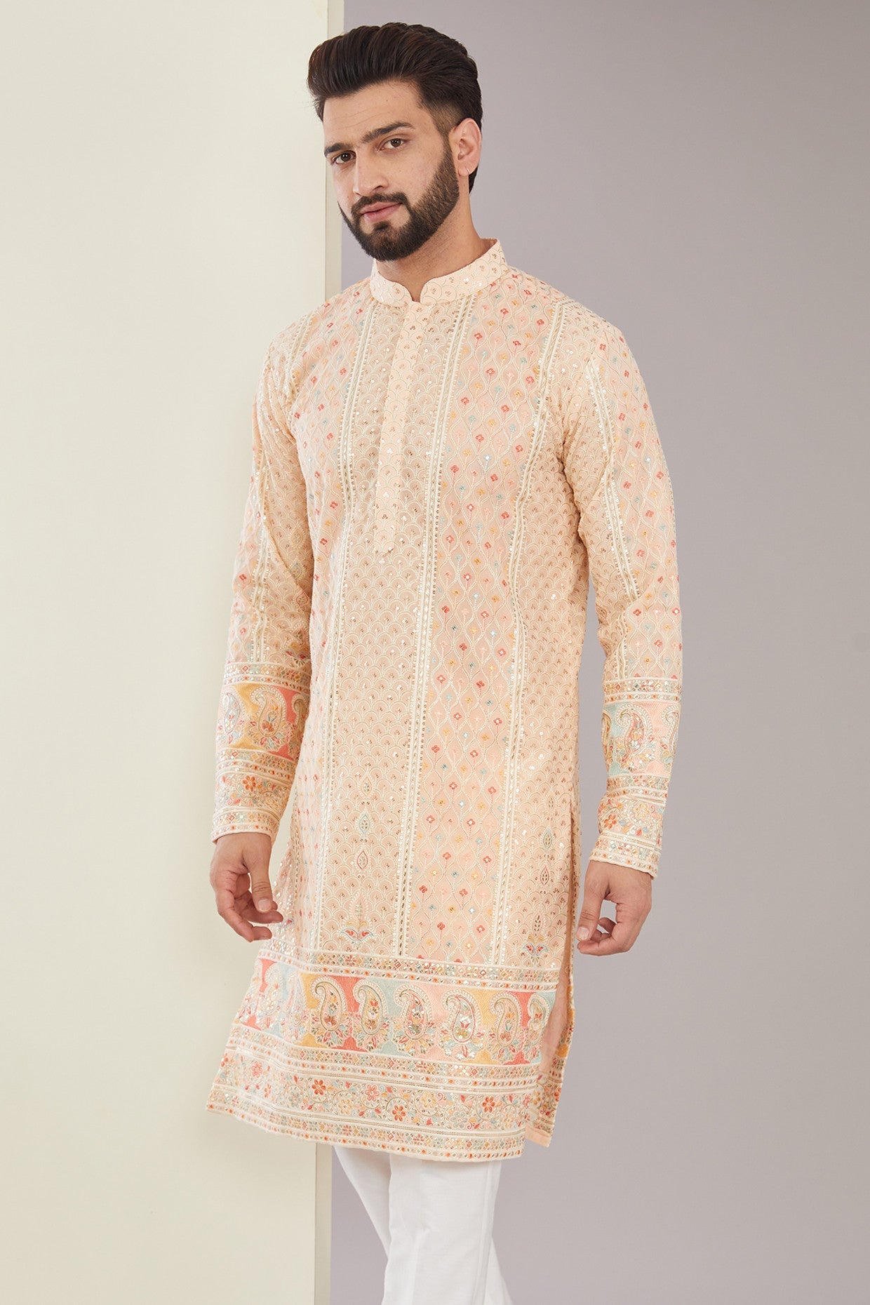 Stylish Peach Multi Embroidered Kurta for Women - Traditional Indian Ethnic Wear for Festivals, Weddings & Casual Outings