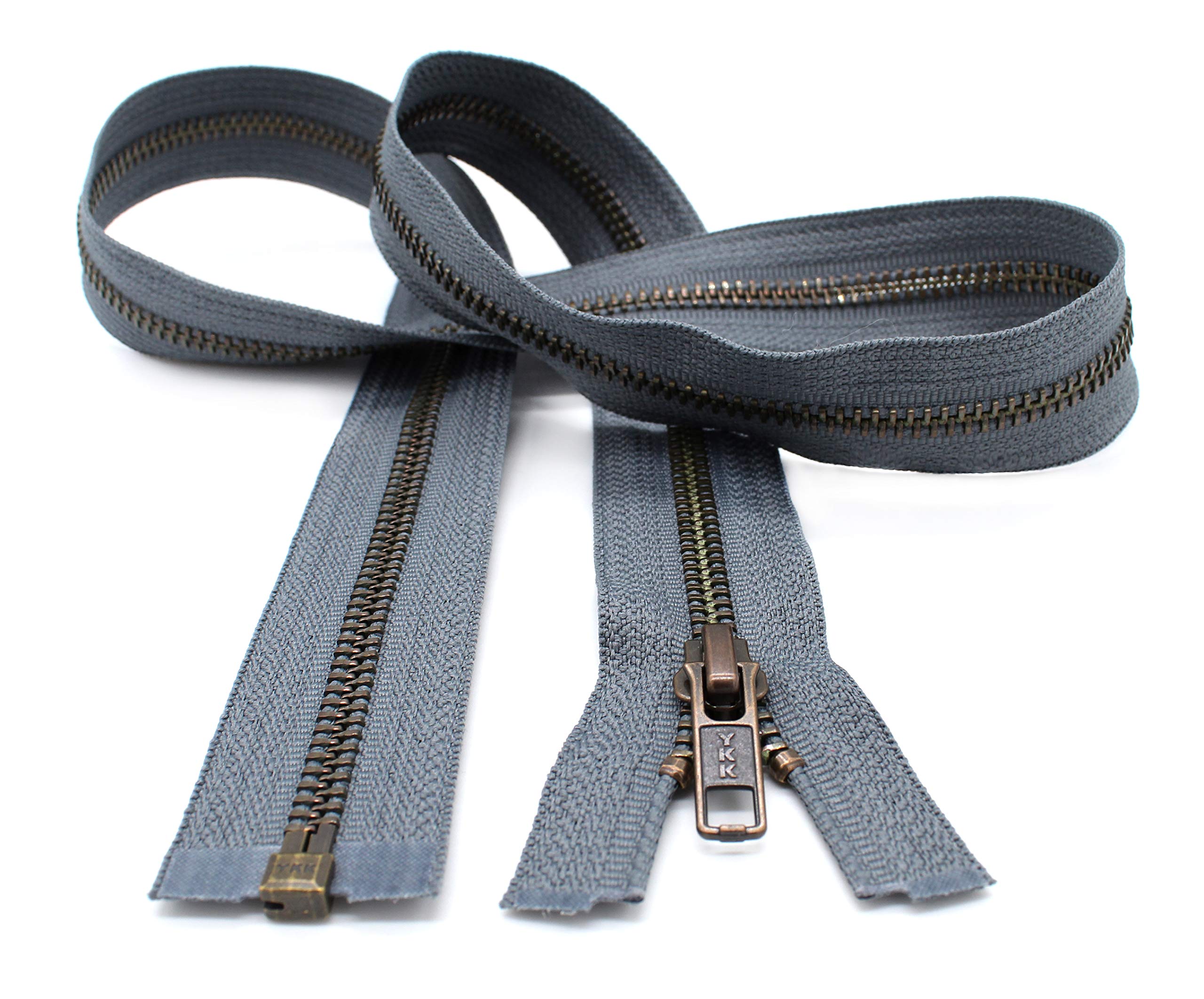 YKK #5 Antique Brass Metal Teeth Separating Jacket Zippers - Custom Length (14 inches) - Rail Grey #578 - Made in USA - Perfect for DIY Crafts, Jacket Repairs & Fashion Design Projects