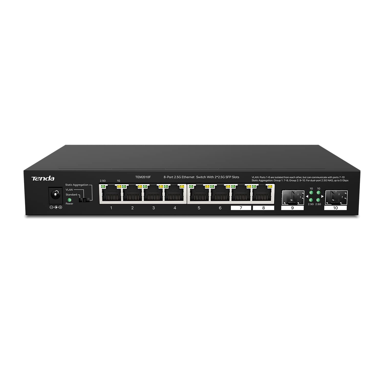 Tenda TEM2010F 10-Port 2.5G Multi-Gigabit Unmanaged Ethernet Switch with 2 SFP Ports, VLAN Support, Static Aggregation, 50Gbps Switching Capacity - Plug & Play for Home Office & Small Business Networks (Desktop/Wall Mount, Black)