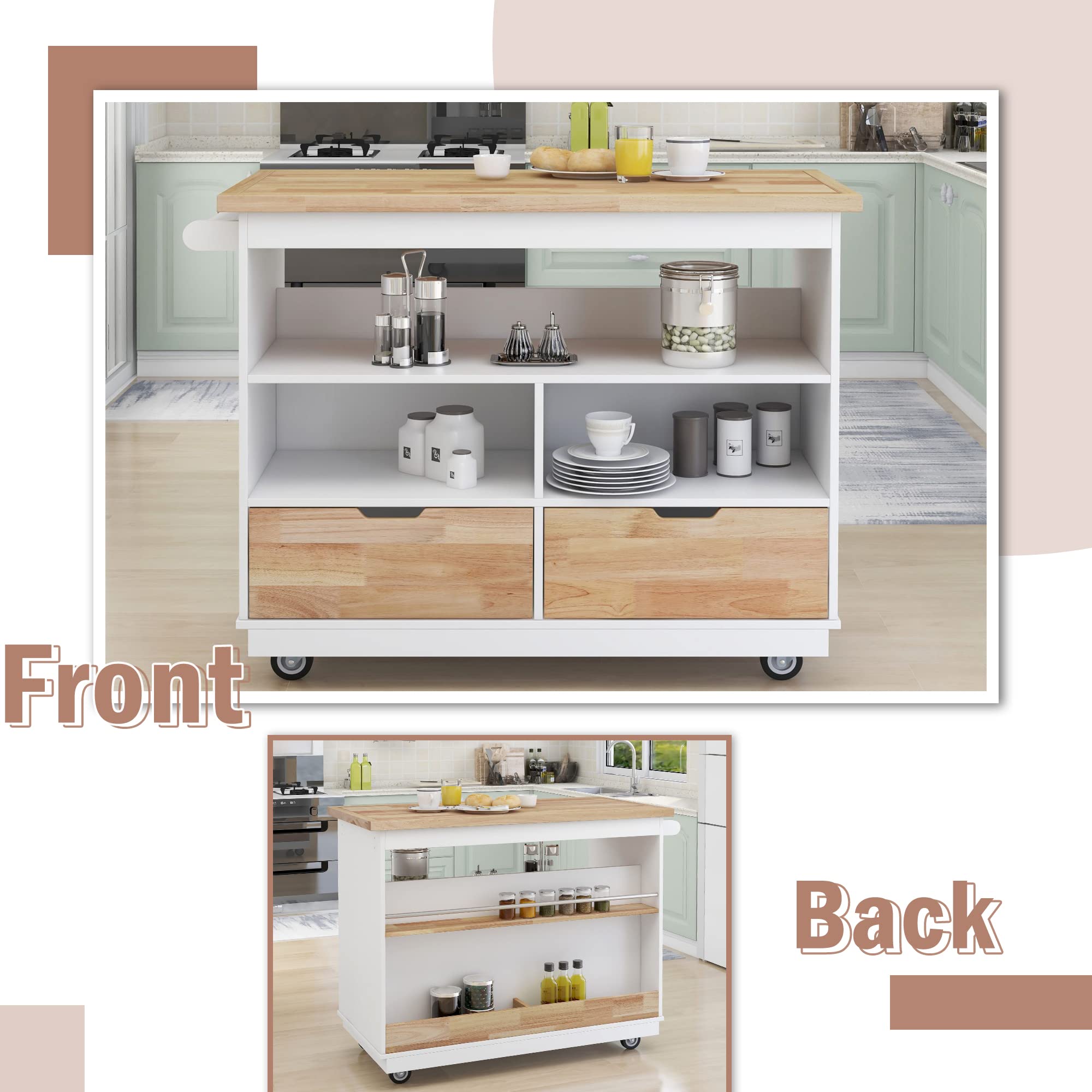 Goujxcy White Rolling Kitchen Island Cart with Lockable Casters, Adjustable Shelves, Drawers & Cabinets for Storage, Mobile Kitchen Cart for Small Spaces, Dining Room & Apartment Use (A1-Brown2)