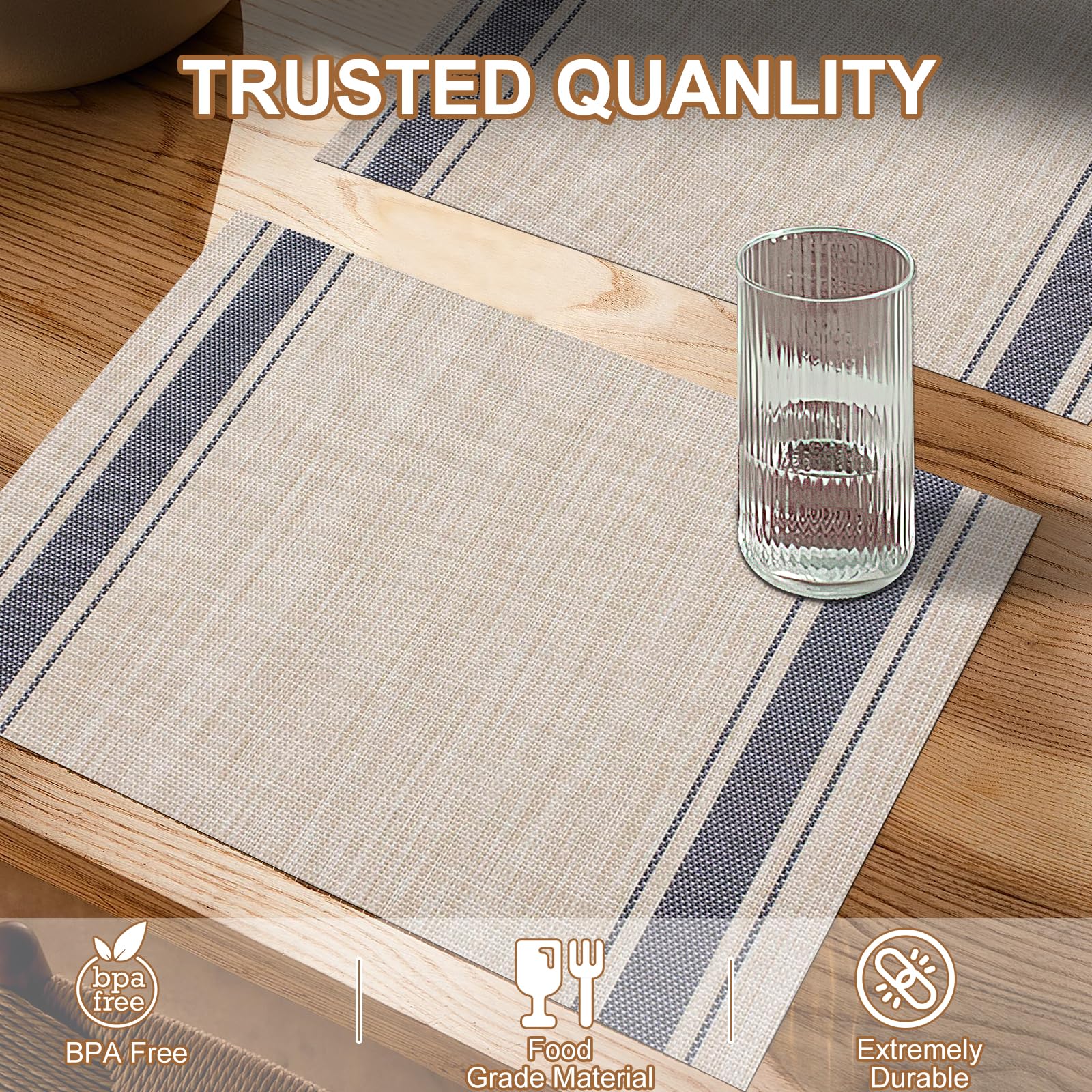 6-Piece Woven Placemats Set - Boho Style Vinyl Table Mats for Dining, Indoor & Outdoor Use - Waterproof & Durable Blue Line Design - Perfect for Kitchen, Patio, and Picnic Settings