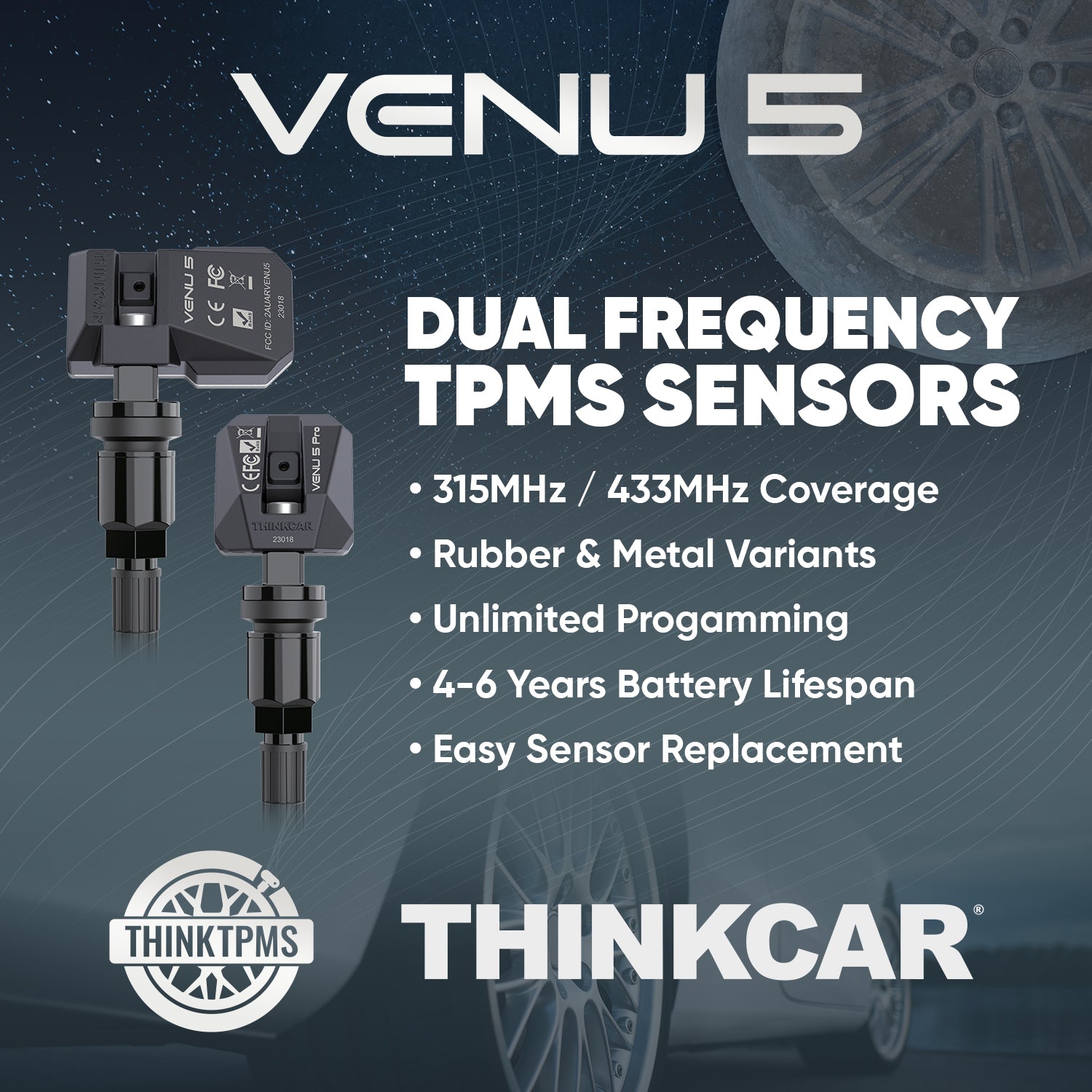 THINKCAR VENU Series Universal Programmable TPMS Tire Pressure Monitoring System Sensor - Compatible with Most Vehicles for Enhanced Driving Safety & Fuel Efficiency