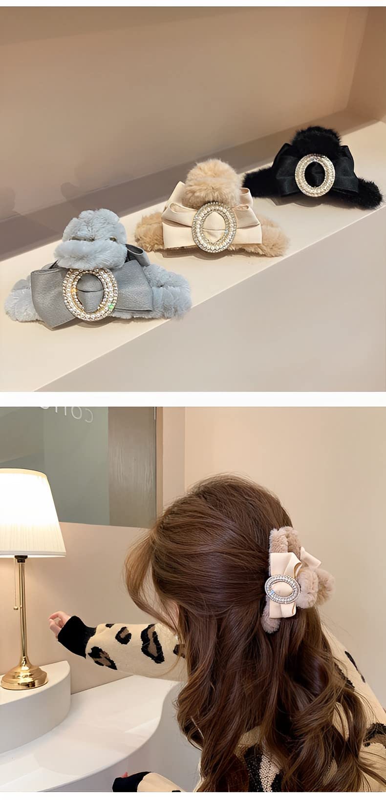 TLISMI Korean Plush Pearl Stone Hair Clip - Large Cute Bow Claw Barrettes for Women & Girls, Soft Faux Fur Strong Hold No Slip Hair Clutch (Blue) | Perfect for Parties, Weddings & Everyday Style