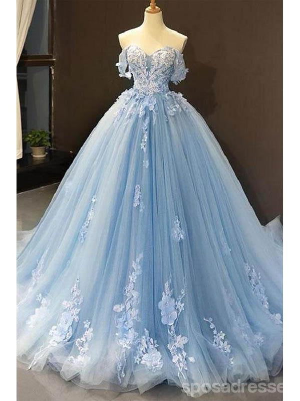 Floral Blue A-Line Off-Shoulder Long Prom Dress for Women - Elegant Formal Evening Gown for Homecoming, Quinceañera & Wedding Guest - 12702