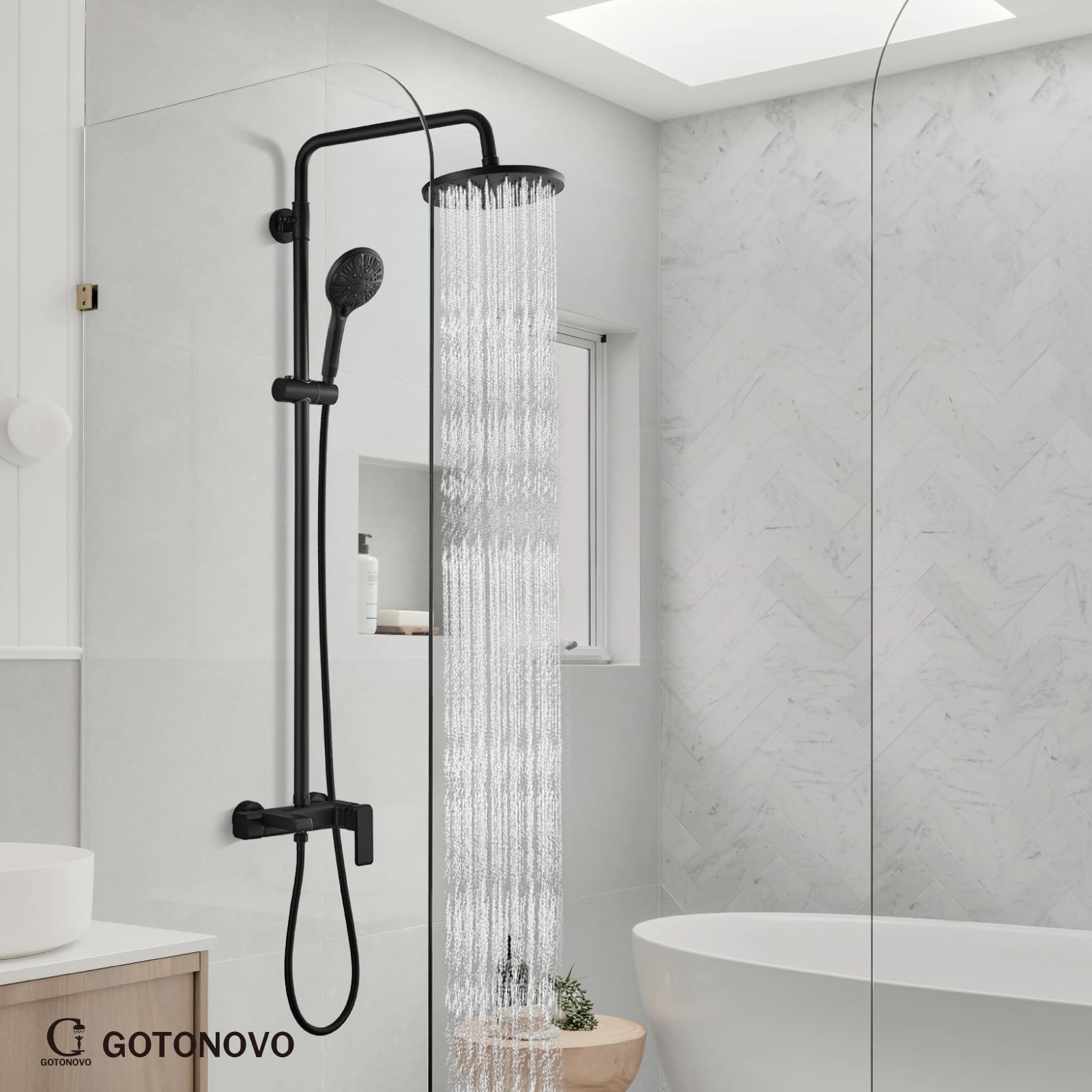 Gotonovo Matte Black 8-Inch Rainfall Shower System - Triple Function ABS Shower Head, Tub Spout & Handheld Spray Combo with Round Handle | Perfect for Modern Bathroom Renovations & Spa-Like Shower Experience