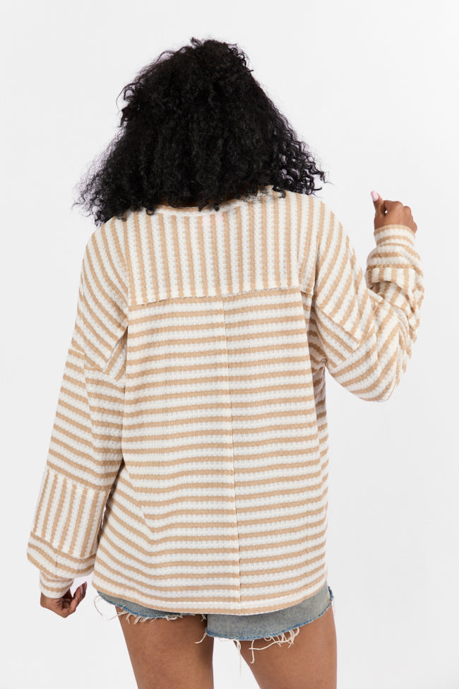 All For Sun Tan and Ivory Striped Knit V-Neck Long Sleeve Tee - Women's Casual Striped Shirt for Beach, Vacation & Everyday Wear | Final Sale
