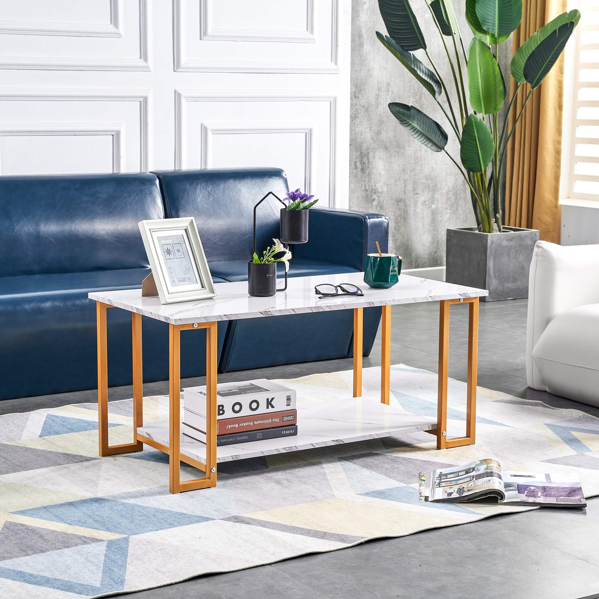 2-Tier Marble MDF Coffee Table with Black Metal Legs & White Top - Modern Rectangle Side Table for Living Room, Dining Area, Coffee Shop & Restaurant Decor (Gold Accent) | Perfect for Small Spaces, Lounge Areas & Contemporary Home Styling
