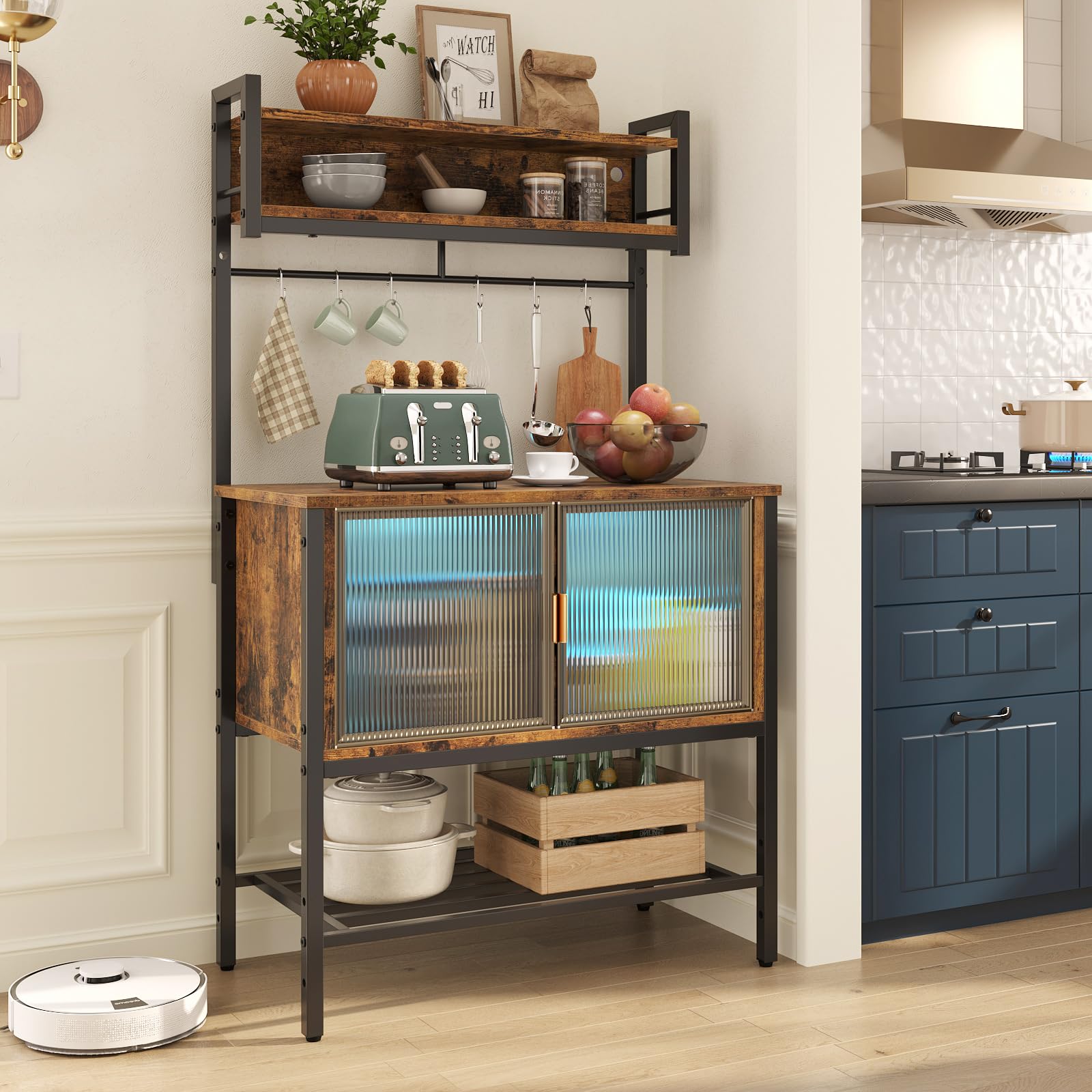 Bestier 5-Tier Coffee Bar with Storage & LED Lights - Rustic Brown Kitchen Bakers Rack with Cabinet, Heavy Duty Microwave Stand - Perfect for Kitchen, Garage, Pantry Organization & Coffee Station Setup