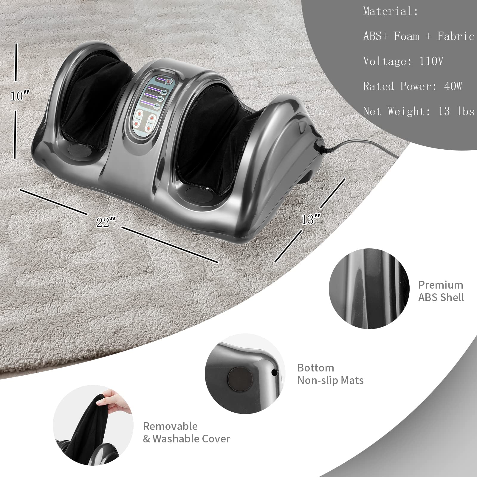 WELLHUT Shiatsu Foot and Calf Massager Machine with Kneading & Rolling - Ankle, Leg, Arm Massager - Perfect Gift for Men & Women (Gray) - Relieve Stress & Improve Circulation at Home or Office