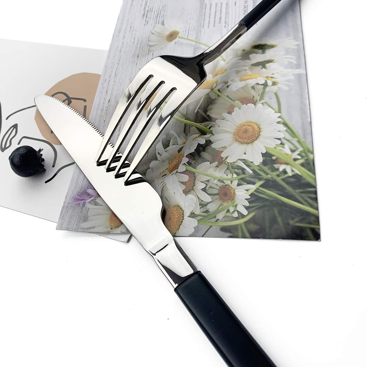 Premium JASHII 5-Piece Modern Silverware Set - 18/10 Stainless Steel Elegant Flatware with Square Edge - Mirror Polished & Dishwasher Safe (Black Silver) - Perfect for Fine Dining, Wedding Gifts & Upscale Kitchen Utensils