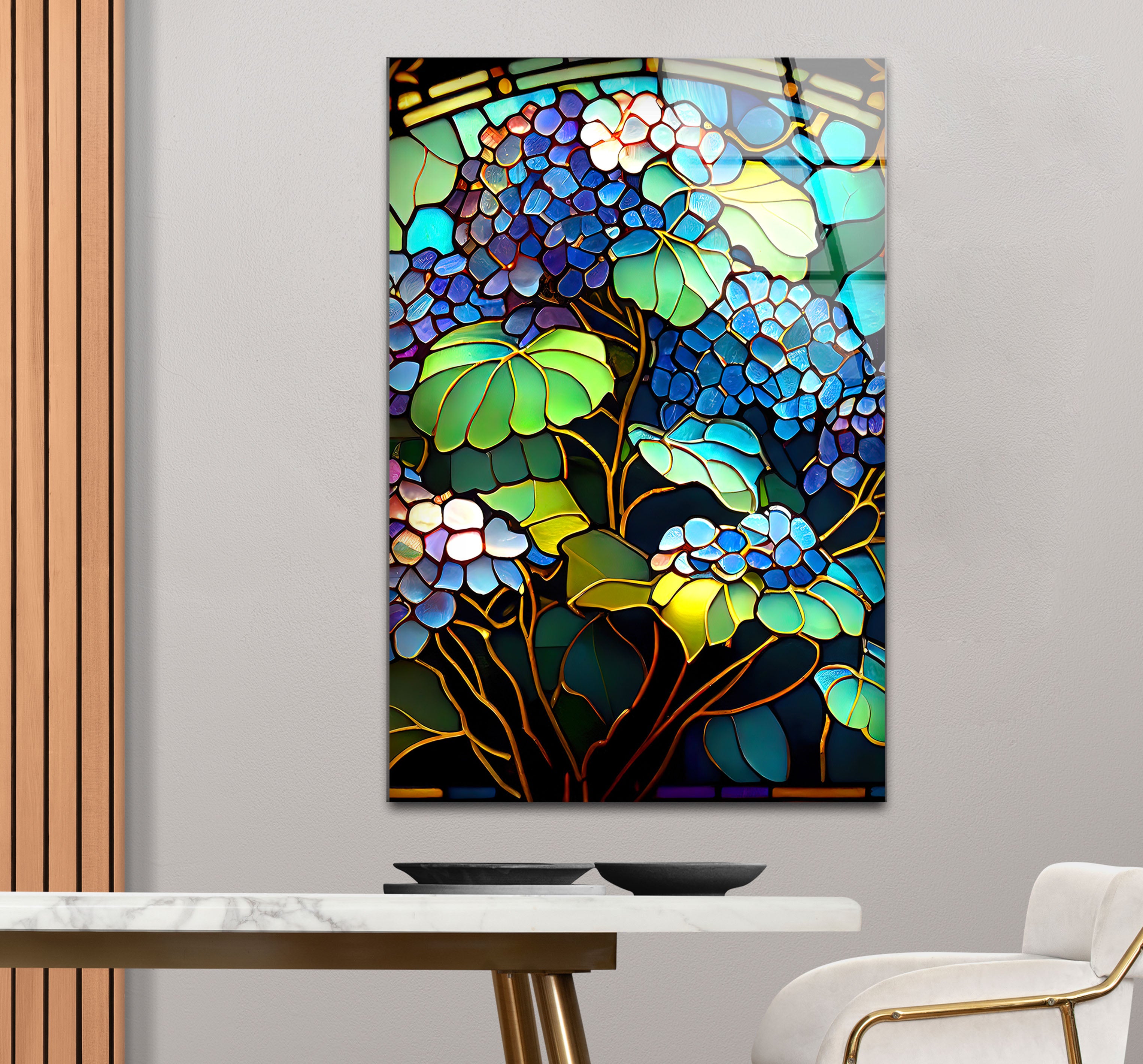 Blue Hydrangea Stained Glass Wall Art - Vertical Floral Glass Print for Home Decor, Church, Wedding & Office | Handmade Glass Painting Gift for Women