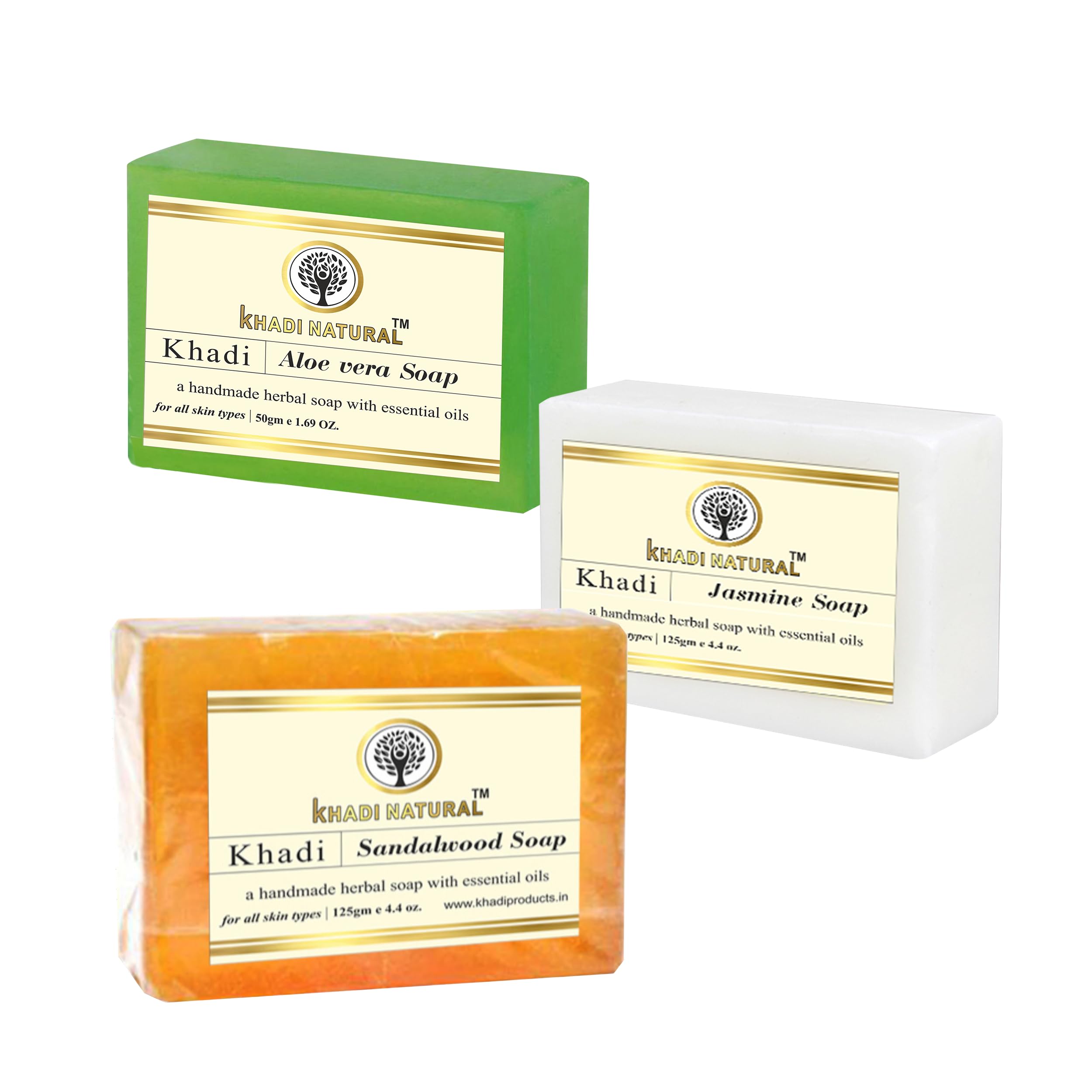 Khadi Natural Handmade Herbal Soap Pack of 3 (125g Each) - Aloe Vera, Jasmine & Sandalwood Essential Oils for Soft, Healthy Skin - Organic Bath Bar for Dry Skin, Sensitive Skin & Daily Skincare Routine - Perfect for Shower, Spa & Gift Sets