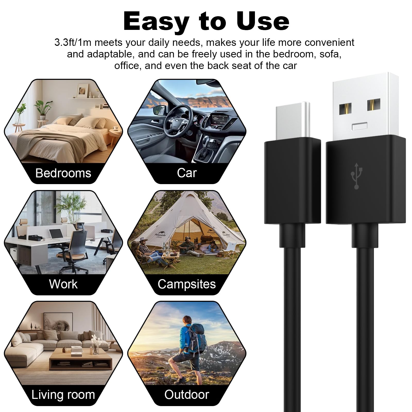 USB C to USB A Fast Charging Cable 3A, 6ft CarPlay Compatible Charger Cord for iPhone 15/16/Pro/Max/Plus, Samsung Galaxy S24/S23/S20, Tablets, Cameras & Speakers - Durable & Tangle-Free (Black) - Perfect for Car, Home & Office Charging