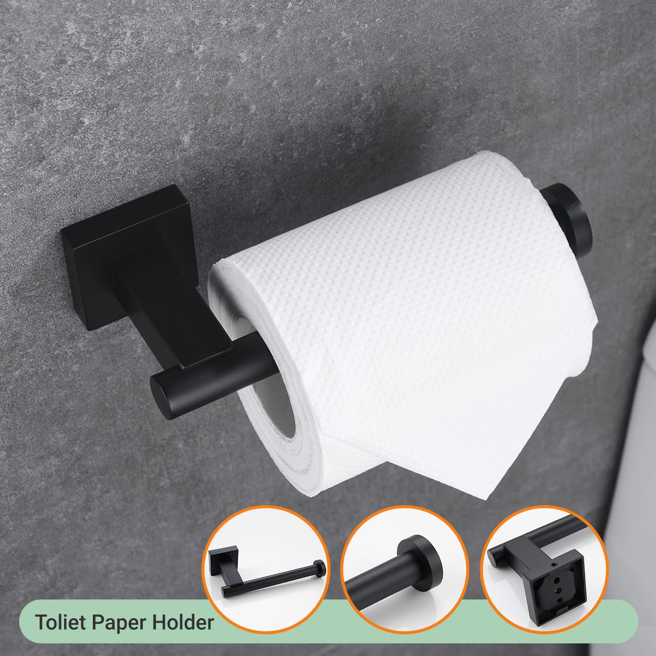 Premium Matte Black 4-Piece Bathroom Accessories Set - Stainless Steel Wall Mounted Towel Bar, Hand Towel Rack, Toilet Paper Holder & Robe Hooks (BS101S4-BK) - Modern Bathroom Organization for Homes, Hotels & Apartments
