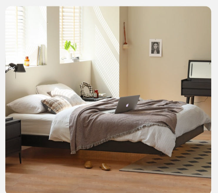 Solid Oak Wood Floating Platform Bed - No Headboard, Black Finish with LED Lights - Perfect for Modern Bedroom & Minimalist Home Decor