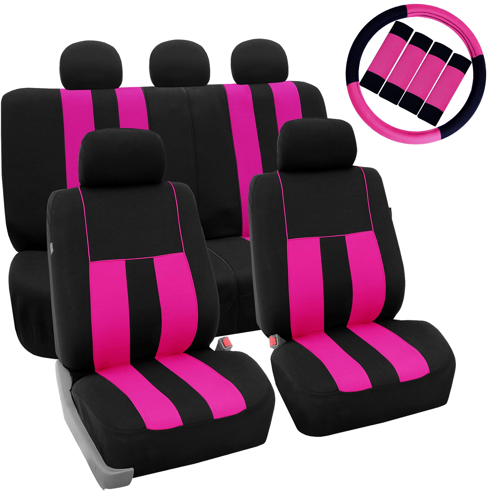 TLH Pink Striped Car Seat Covers Full Set - Universal Fit for Cars, Trucks & SUVs | Includes Steering Wheel Cover & Seat Belt Pads | Protect & Style Your Vehicle Interior for Daily Commute, Road Trips & Family Travel