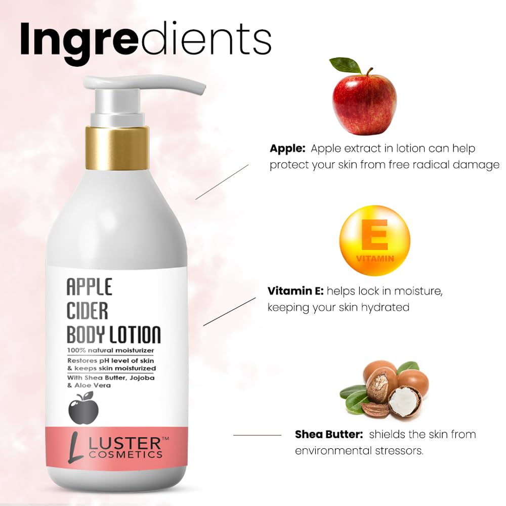 Luster Cosmetics Apple Cider Vinegar Body Lotion with Aloe Vera & Jojoba Oil - pH Balancing, Deep Moisturizing Skin Care for All Skin Types - Paraben Free, 300ml - Perfect for Dry Skin Relief & Daily Hydration