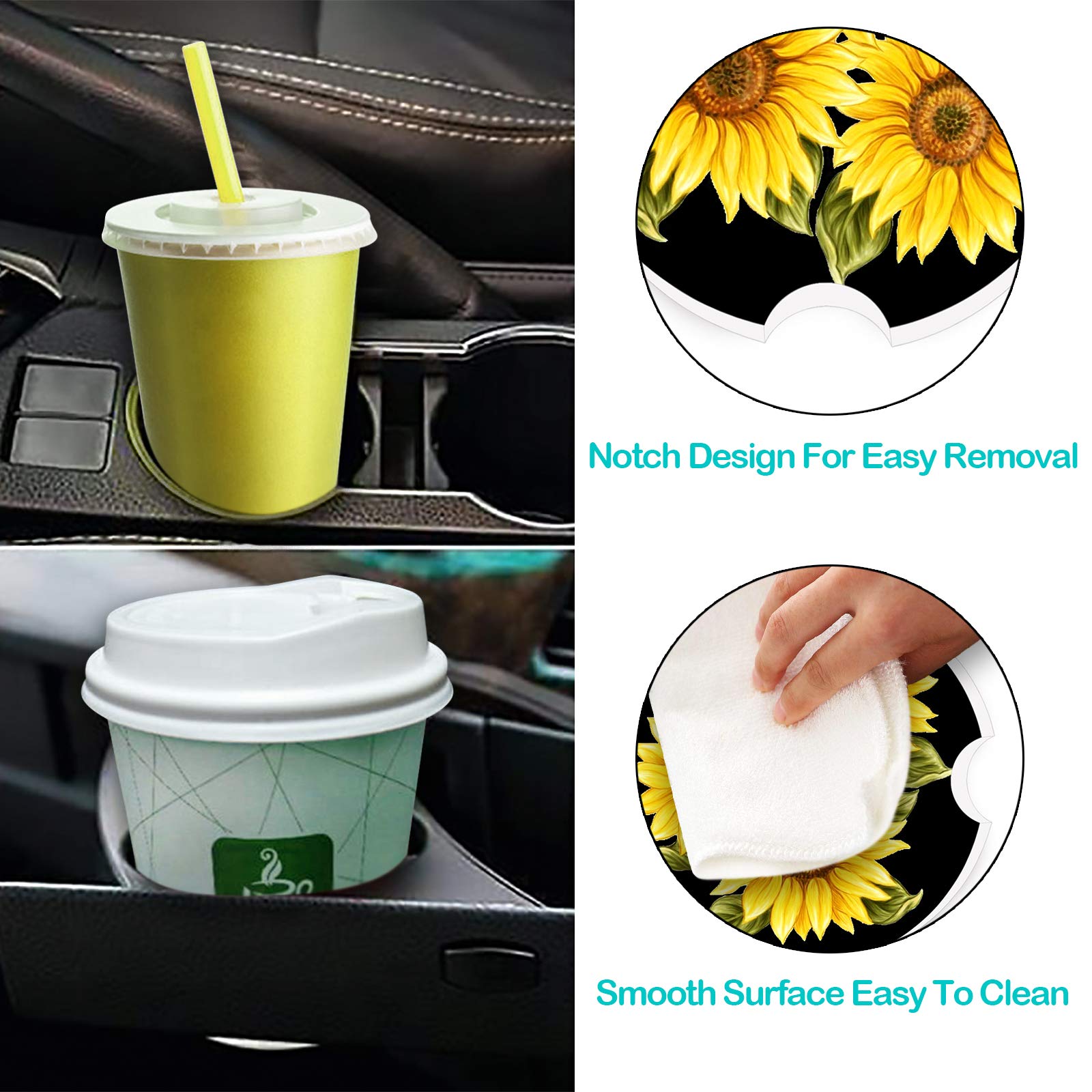 Stone Black Car Coasters - 2 Pack Absorbent Ceramic Cup Holder Coasters with Finger Notch & Easy Clean (Sunflower Design) | Perfect for Cars, Offices & Home Use