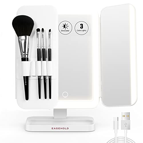 EASEHOLD Rechargeable Makeup Mirror with 4 Makeup Brushes, LED Vanity Mirror with 3 Color Lights (Natural/Daylight/Warm), 2X/3X/10X Magnification, 5000mAh Battery, Touch Screen - Perfect for Makeup, Skincare, Gifts for Women, Wives, Birthday (White) - Ideal for Home Vanity, Travel, and Professional Makeup Artists