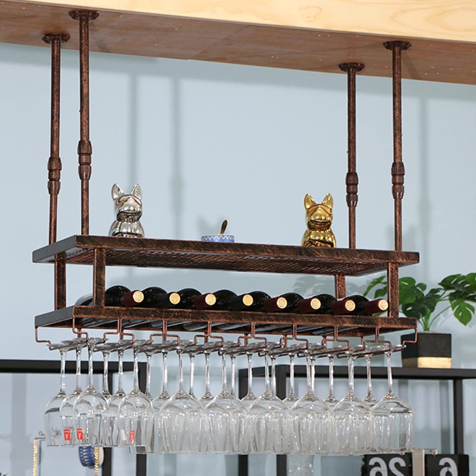 2-Tier Hanging Wine Rack for Ceiling - Retro Wine Bottle & Glass Holder Storage Shelf (80x30cm) - Perfect for Kitchen, Home Bar & Stemware Organization