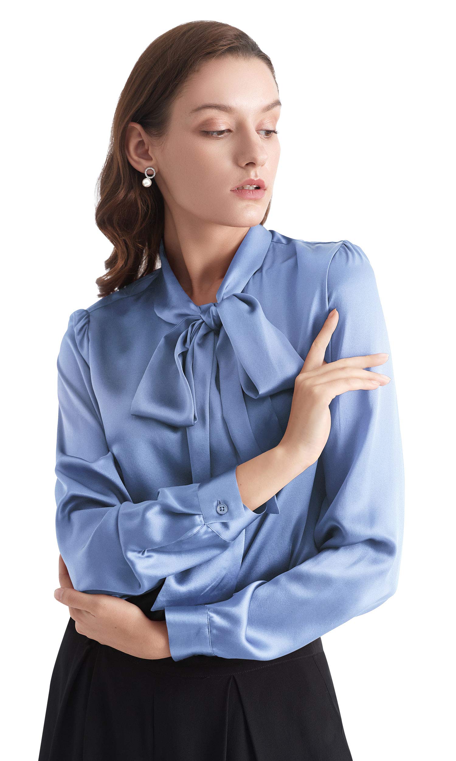 LilySilk Women's Vintage Bow Tie Neck Long Sleeve Silk Blouse - 100% Pure Silk Button Down Shirt for Office, Party & Special Occasions