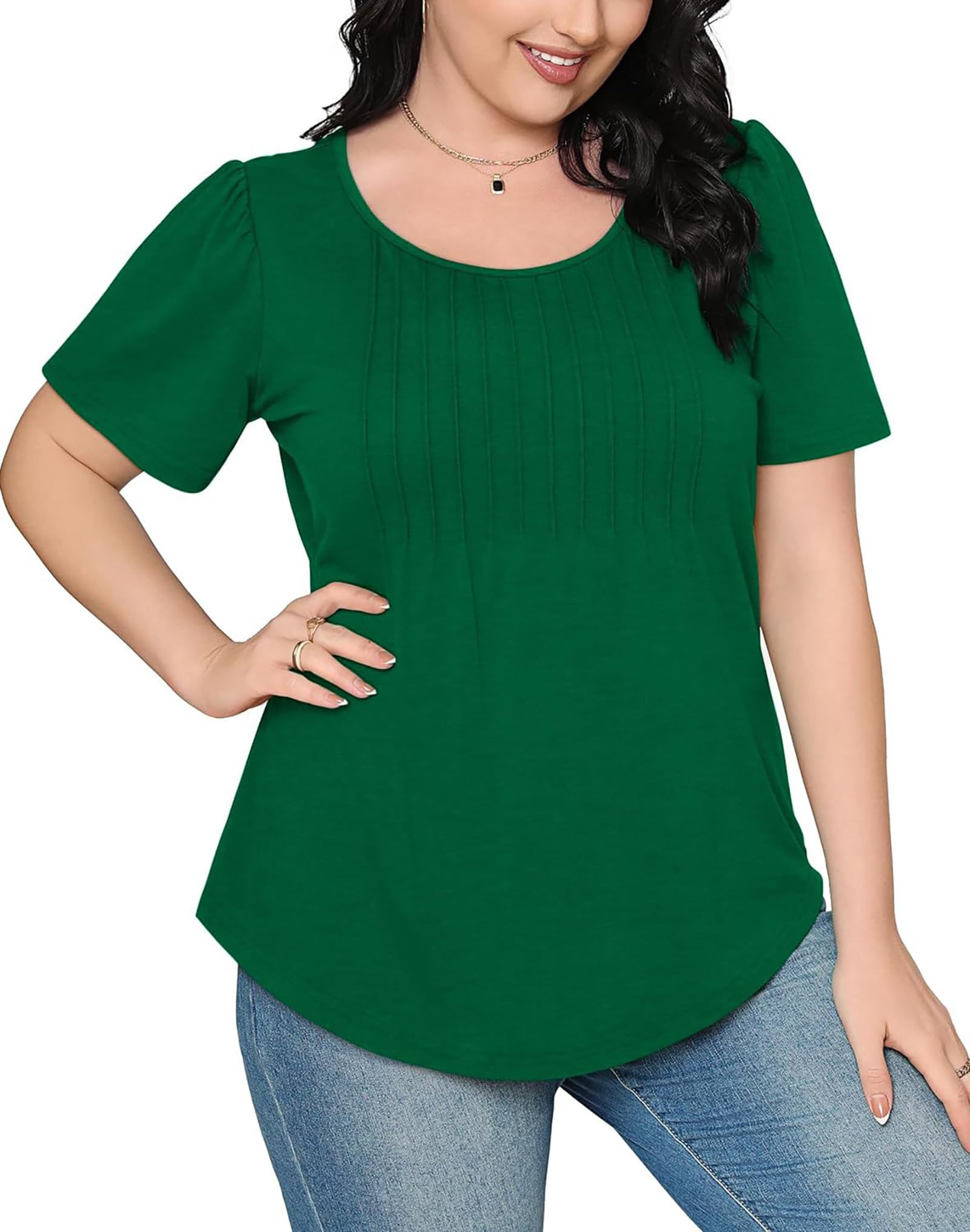 Women's Short Sleeve Pleated Blouse - Elegant Scoop Neck Casual Summer Top for Work, Date Night & Outdoor Activities