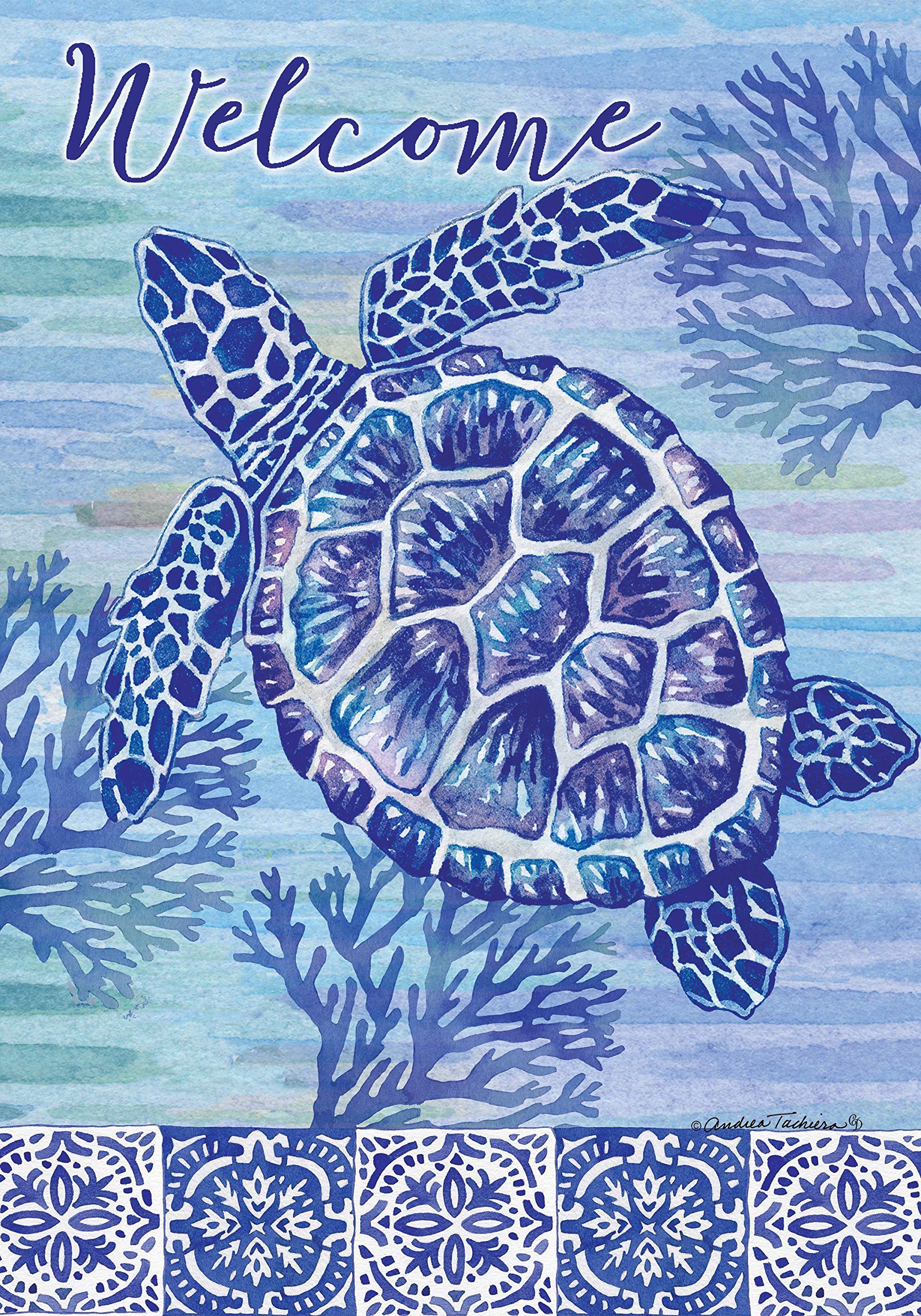 Turtles & Tiles Welcome Garden Flag - Double Sided Decorative Outdoor Flag 12x18 Inch - Licensed & Copyrighted - Made in USA by Custom Decor Inc. - Perfect for Front Yard, Porch Decor & Seasonal Home Decoration