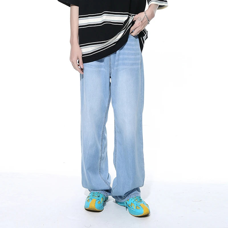 American Style Men's Loose Pocket Zipper Washed Denim Jeans - Casual Straight Wide Leg Trousers for Autumn | Trendy Streetwear & Everyday Comfort (Style 9C5395)