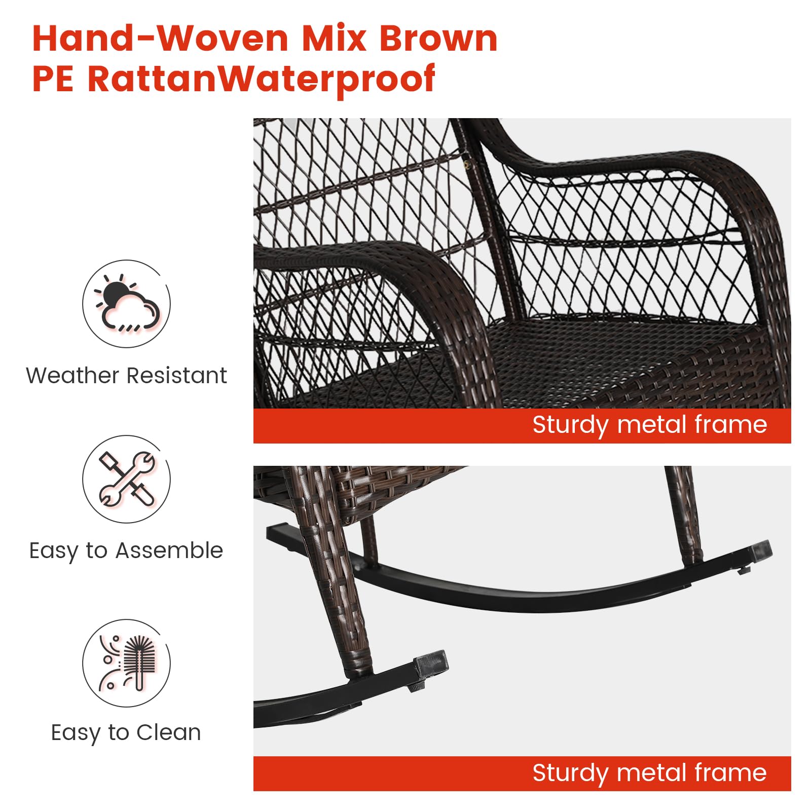MEDIMALL Outdoor Wicker Rocking Chair with Lumbar Support - Patio Rattan Rocker with Padded Seat & Back Cushions - Durable Metal Frame - Mix Brown Wicker Furniture for Balcony, Porch, Deck, Backyard (Off White) - Perfect for Relaxing, Reading & Enjoying Outdoor Spaces