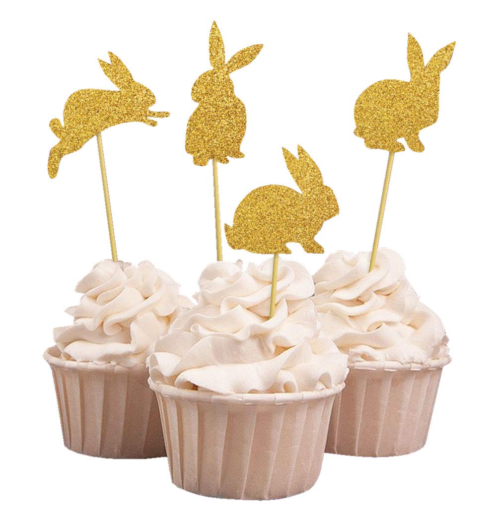 Glitter Gold Easter Bunny Rabbit Cupcake Toppers - 40 Pack for Dessert Decorations, Party Supplies, Easter Baking, and Holiday Treats - Perfect for Cupcakes, Cakes, Cookies, and DIY Crafts