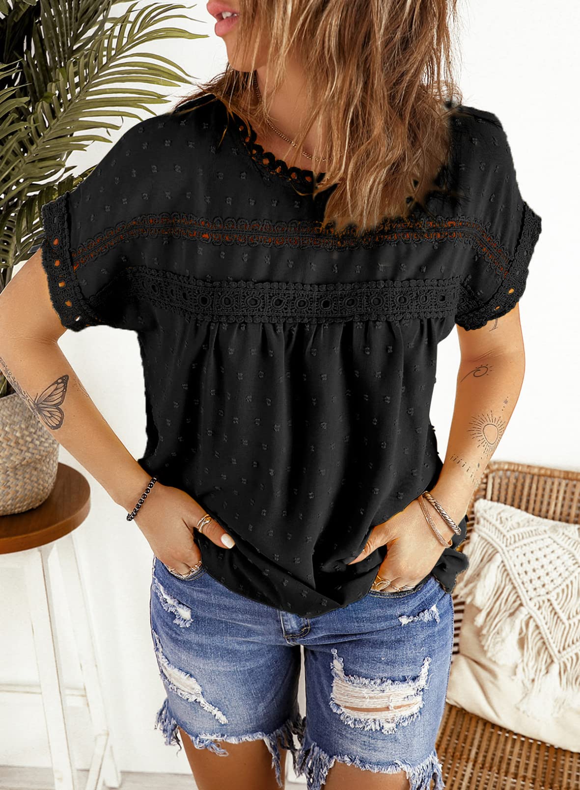 Dokotoo Women's Summer Tops - Lace Crochet Crewneck Short Sleeve Shirts, Casual Chiffon Blouses for Beach, Vacation & Everyday Wear