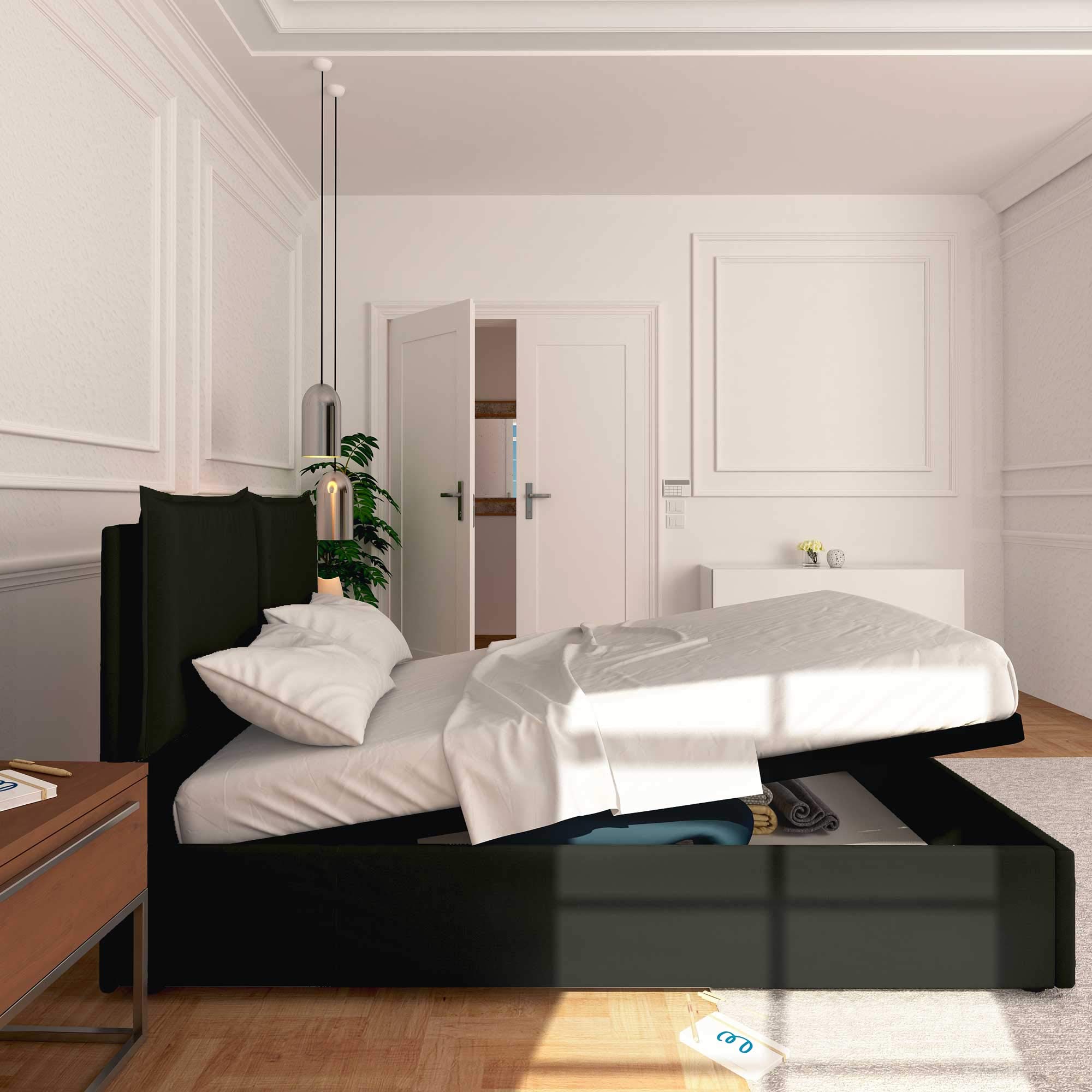 Baldiflex Queen and Twin Size Storage Bed, Licia Model, Faux Leather Upholstery, Slatted Base, for 120 x 190 cm Mattress, Padded Headboard, Black - Perfect for Small Bedrooms and Guest Rooms