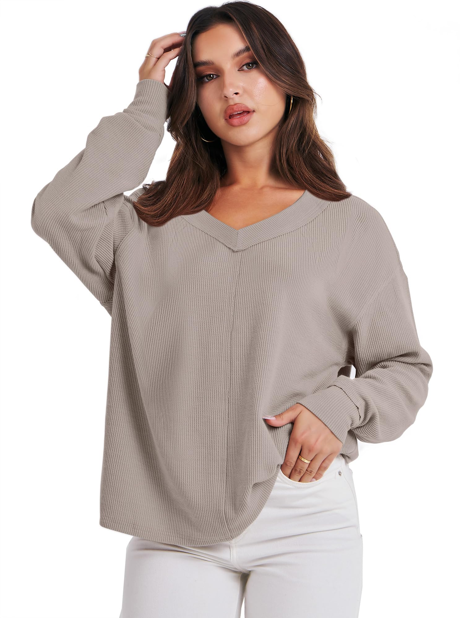 Caracilia Women's Oversized Off-Shoulder Long Sleeve Waffle Knit Sweater - V-Neck Pullover Top for Fall 2024 | Casual Outfit, Layering Essential & Cozy Winter Fashion