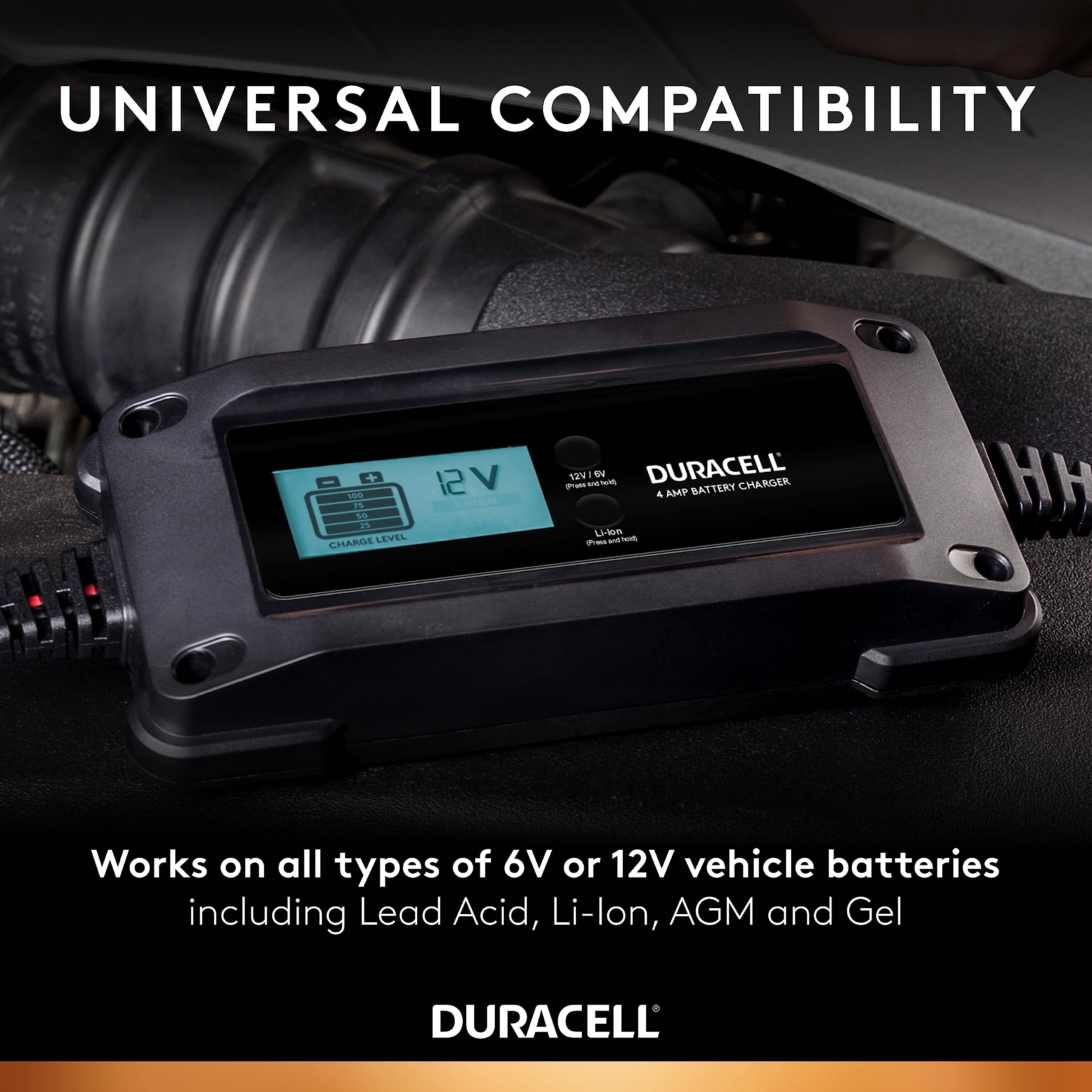 Duracell DRMC4A 4 Amp Smart Battery Charger Maintainer with LCD Display - 6V/12V Automotive & Lithium Ion Battery Charger - Perfect for Cars, Motorcycles, Boats & RVs
