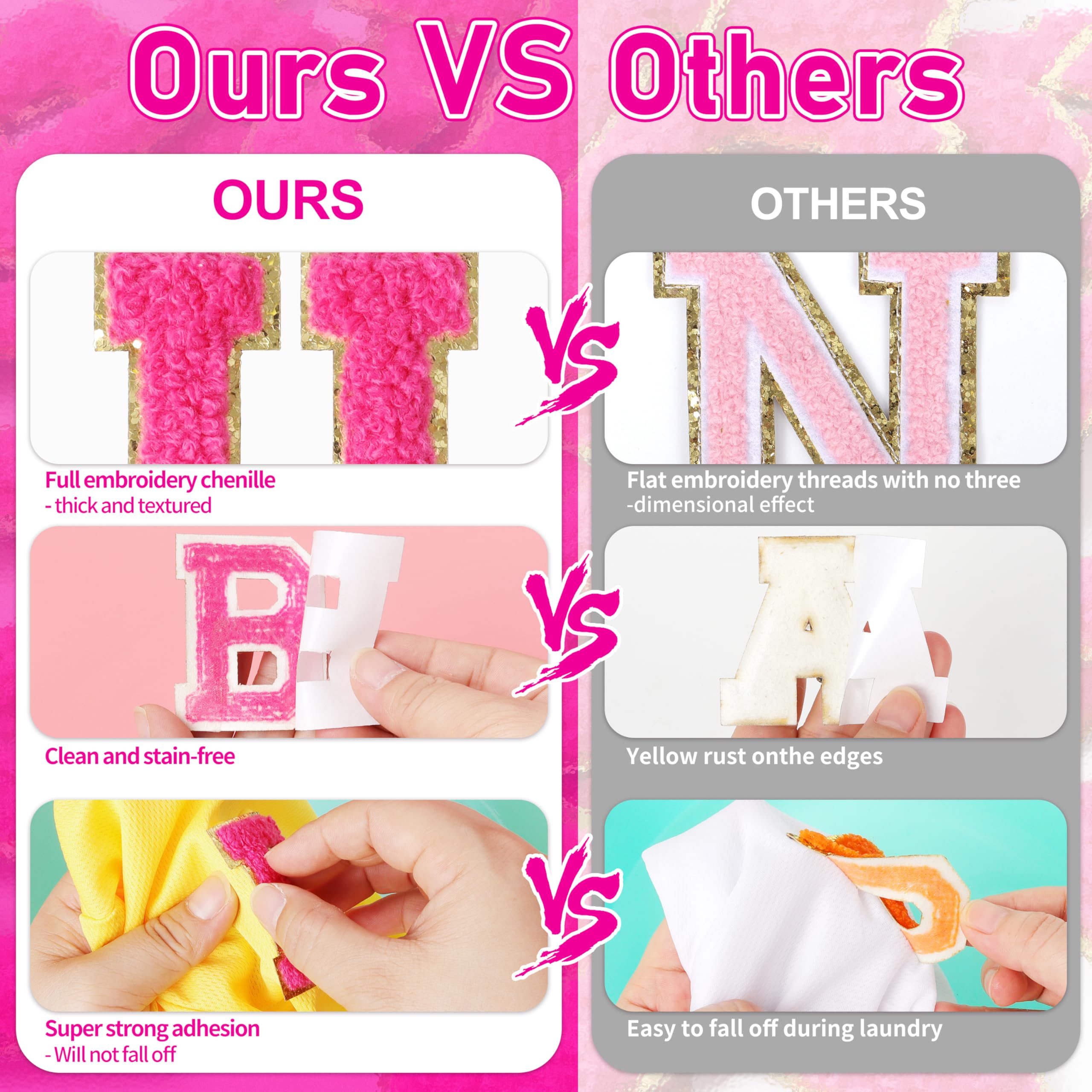 Pink Self-Adhesive Chenille Varsity Letter Patches - Embroidered Iron-On Applique for Jackets, Bags & DIY Crafts (12-Pack) - Perfect for Customizing Denim, Backpacks & School Spirit Wear