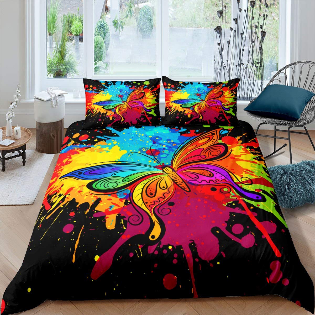 Colorful Butterfly Duvet Cover Set for Kids & Teens - Queen Size Soft Polyester Bedding (1 Duvet Cover + 2 Pillowcases) - Black Background with Vibrant Butterfly Design - Perfect for Girls' Bedrooms, Sleepovers & Nursery Decor