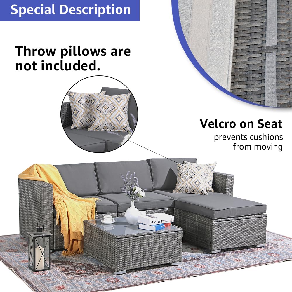 Patiorama 5-Piece Outdoor Patio Furniture Set - All-Weather Grey PE Wicker Sectional with Dark Grey Cushions - Perfect for Backyard, Porch, Garden, Poolside & Balcony - Durable Outdoor Conversation Set for Relaxing & Entertaining