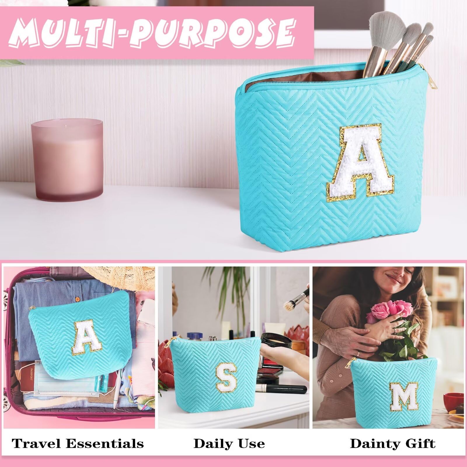 YOOLIFE Personalized Monogrammed Makeup Bag for Women - Waterproof Cosmetic Travel Toiletry Organizer with Initials | Perfect Gift for Her, Bridesmaids, Birthday & Travel Essentials | Great for Daily Use, Gym, Vacation & Business Trips