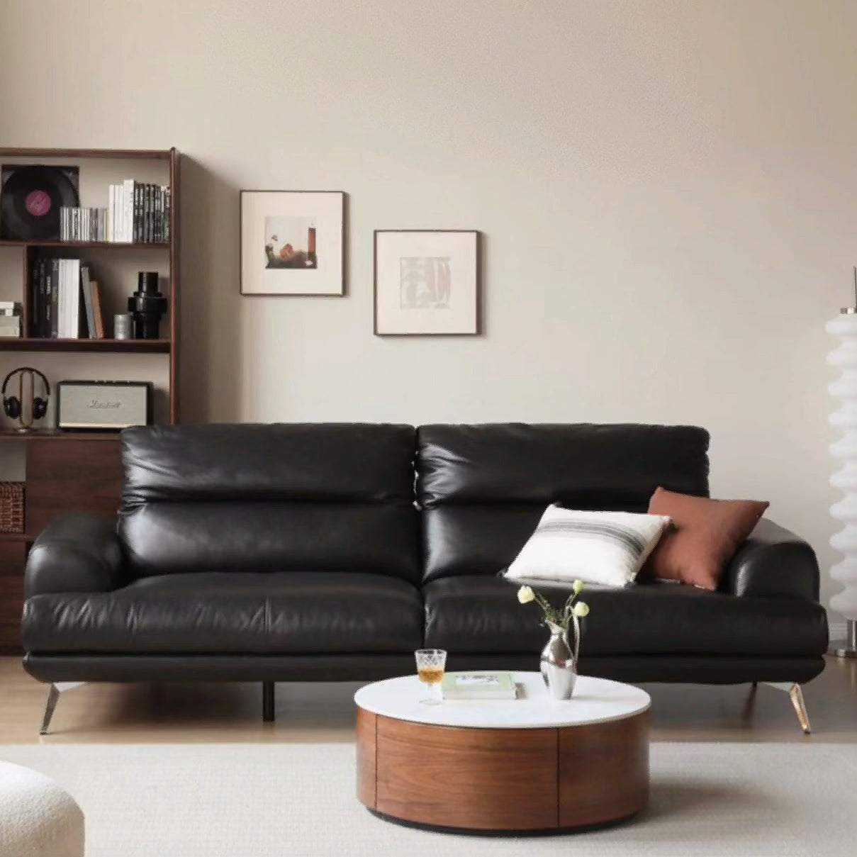 Premium Genuine Cowhide Leather Modern Black Sofa - Luxurious & Durable Living Room Furniture for Home & Office Decor