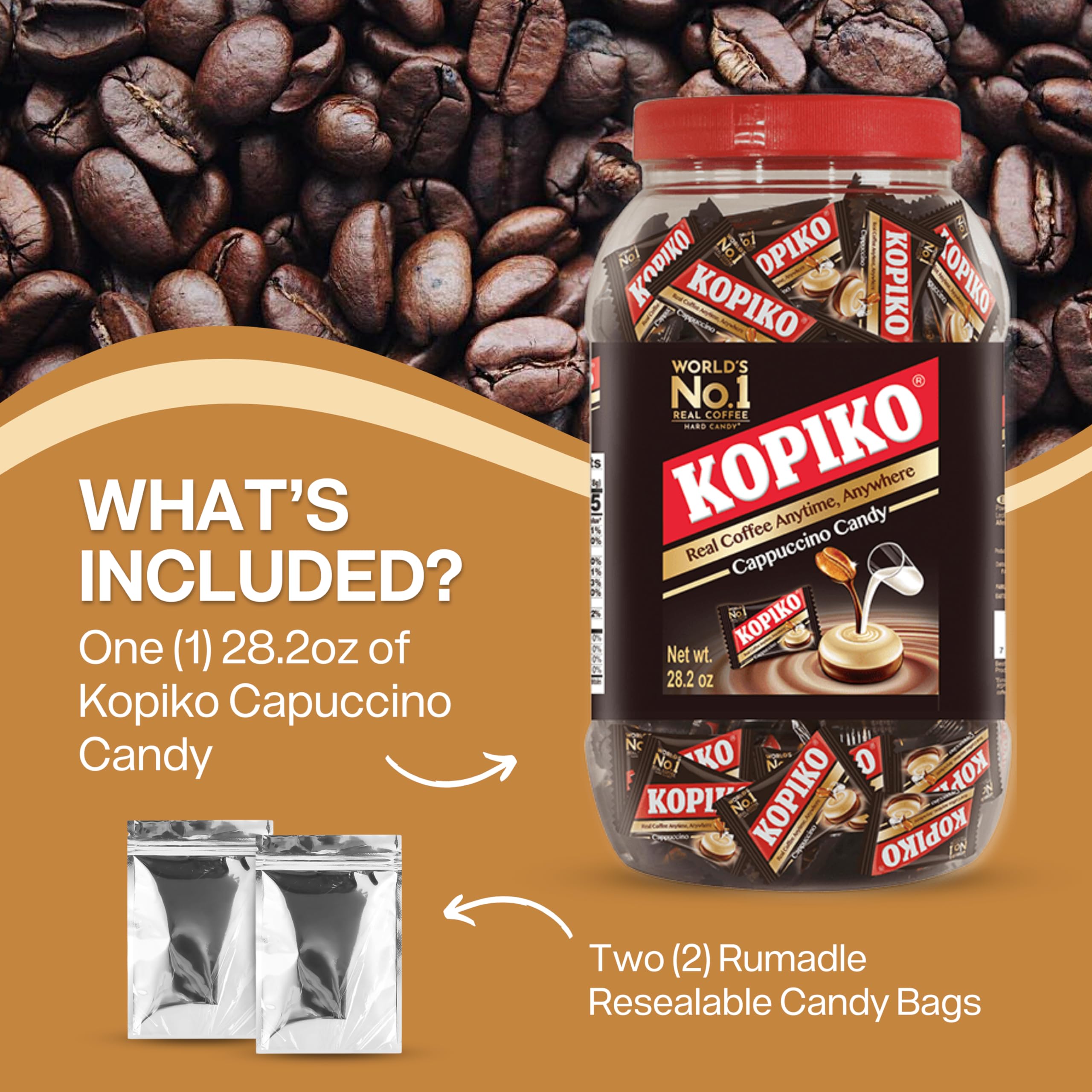 Kopiko Cappuccino Coffee Candy Bundle - 28.2 Oz Jar with Premium Resealable Rumadle Bag | Authentic Indonesian Coffee Flavor | Perfect for Office Snacks, Travel Treats & Coffee Lovers Gifts