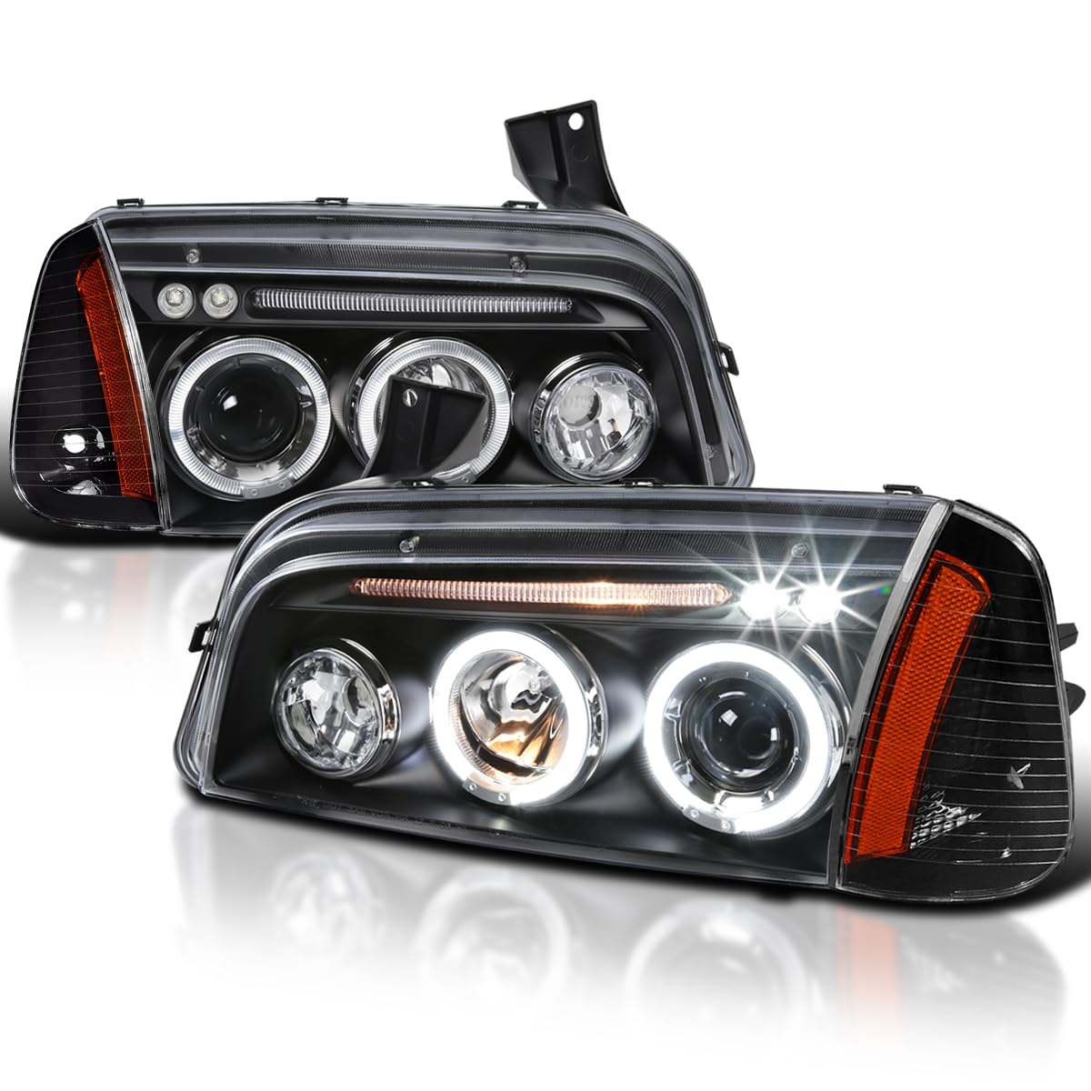 Spec-D Tuning Black Halo LED Projector Headlights + Black Corner Lights for 2006-2010 Dodge Charger - Left & Right Pair Headlamp Assembly - Upgrade Your Ride with Enhanced Night Visibility & Style